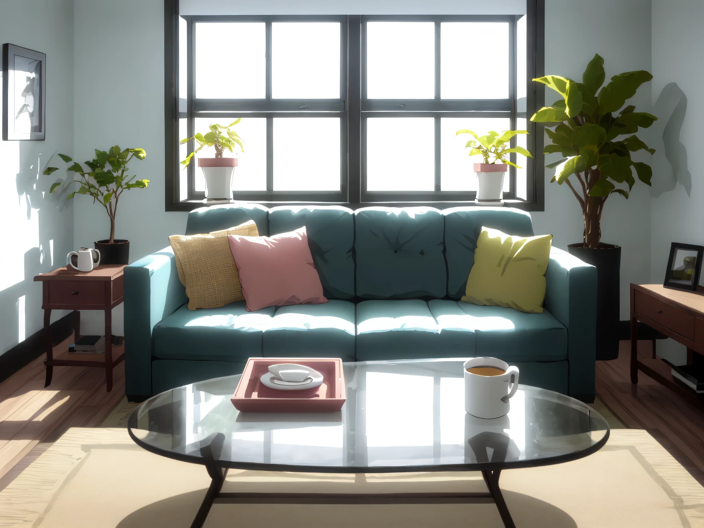 Living room with soft evening light。  
Well-appointed sofa、Houseplants、warm indirect lighting。  
Two mugs are placed on the table and、  
there is a quiet air in the air that symbolizes the “recovery time” of a peaceful couple。  
Minimalistic and calm colors、Realistic、High Resolution、Atmosphere with soft natural light and shadows。
