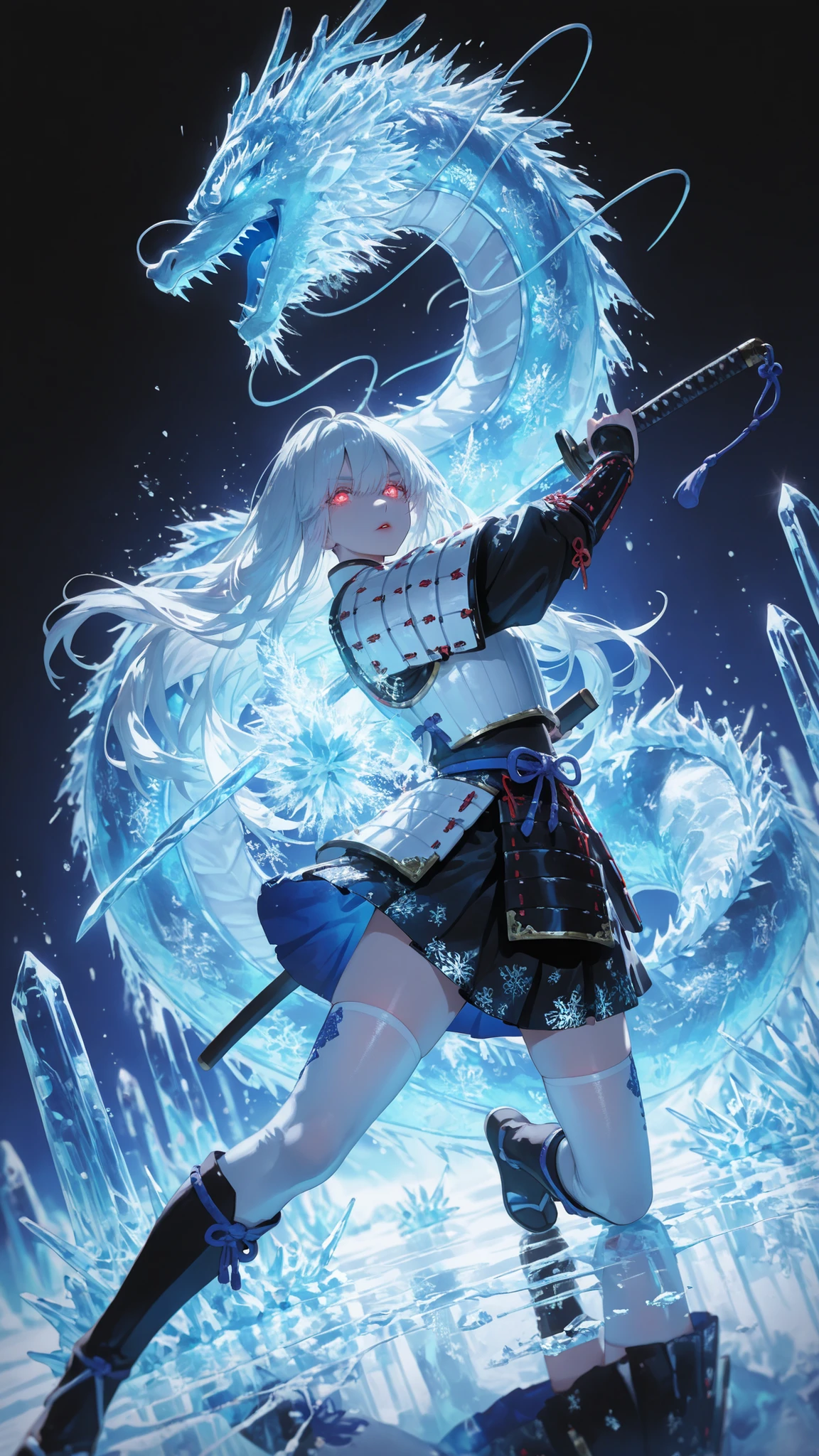 1girl, u u zan, Masterpiece, amazing quality, 8k, ultra detailed, refined details, chill, high resolution, HD, masterwork, digital illustration, 7481llu, LDSCH, dynamic pose, glowing eyes,, dynamic angle, crisp outlines, vibrant colors, soft shading, bright lighting, ultra-detailed, high contrast, backlighting, bokeh, volumetric lighting, lipstick, blurry, depth of field, absurdres, best quality, newest, very aesthetic, (japanese armor with ice:1.2), ice clothes, long hair, white hair, miniskirt, white thighhighs, holding katana, ice blade, white armor, ice print, (ice chinese dragon:1.2), (ice magic:1.2), (frozen effects:1.2), fighting stance, dynamic pose, dynamic angle, reflection, thighs