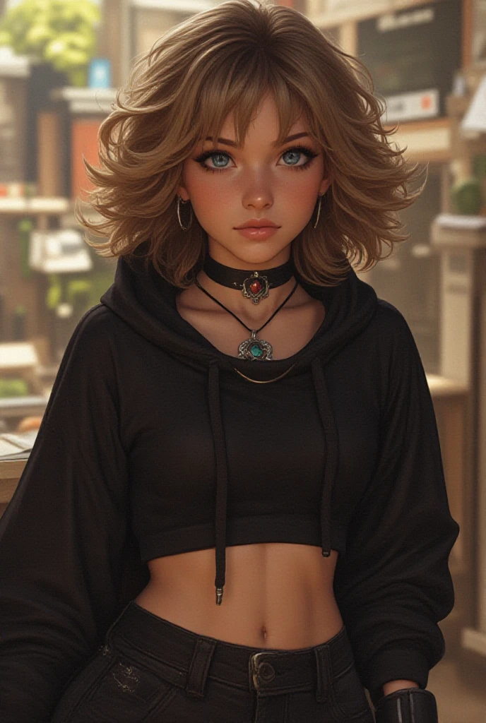 dark skin 1girl, solo, , looking at viewer, blush, skirt, large , shirt, hair ornament, long sleeves, navel, jewelry, jacket, white shirt, ponytail, red hair, earrings, choker, hairclip, midriff, black eyes, crop top, black choker, piercing, ear piercing, purple skirt, green jacket, cropped shirt,