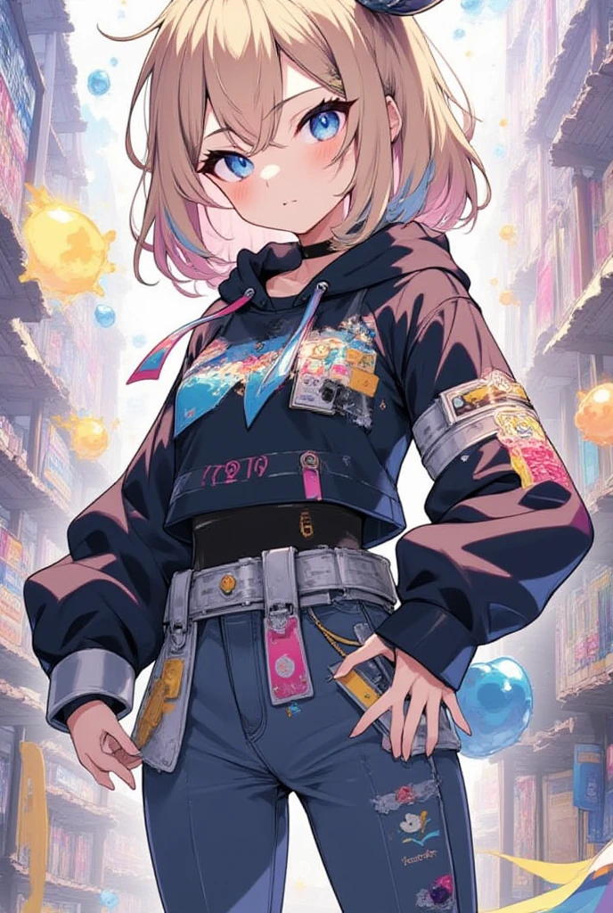 8K分辨率、((top-quality))、((​masterpiece))、((ultra-detailliert))、1 woman、独奏、incredibly absurdness、Oversized hoodies、headphones、Street、plein air、Sateen、neons、Shortcut Hair、Brightly colored eyes、Hands in pockets、shortpants、water dripping