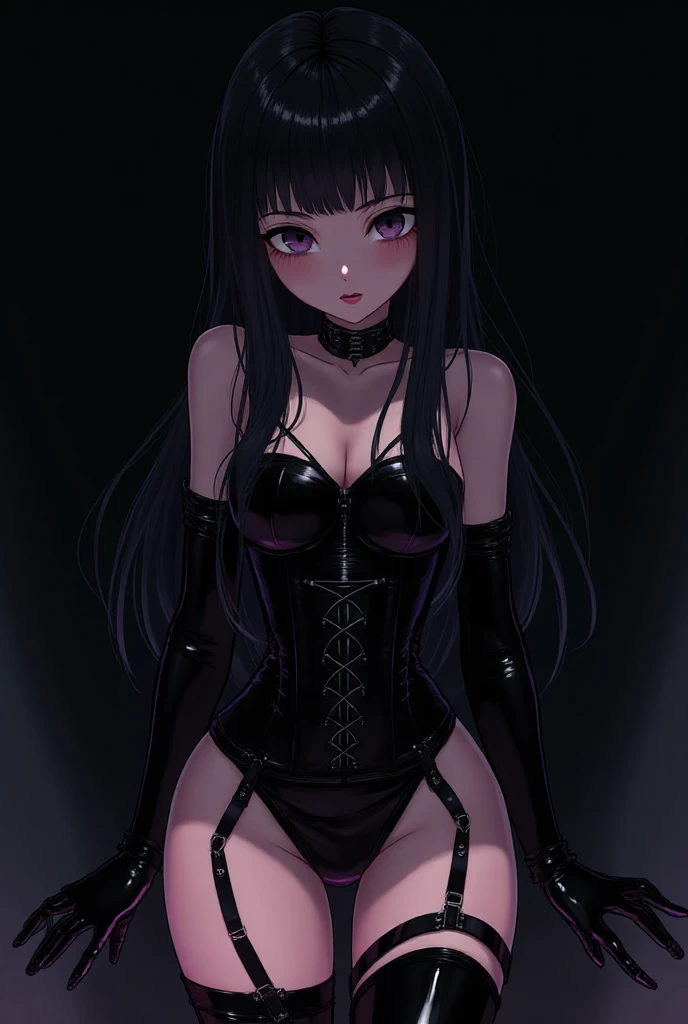 anime, goth, black and white, negative space, 1girl, woman, intense Hyperpop cute catgirl, full body, lingerie, colorful costume design, bombshell hair, brushed color:mediumblue metal hair, bombshell curly hair, shiny plum clothes, chubby, narrow waist, medium breasts, caucasian<lora:EnvyStarlightGothAnime01:1>