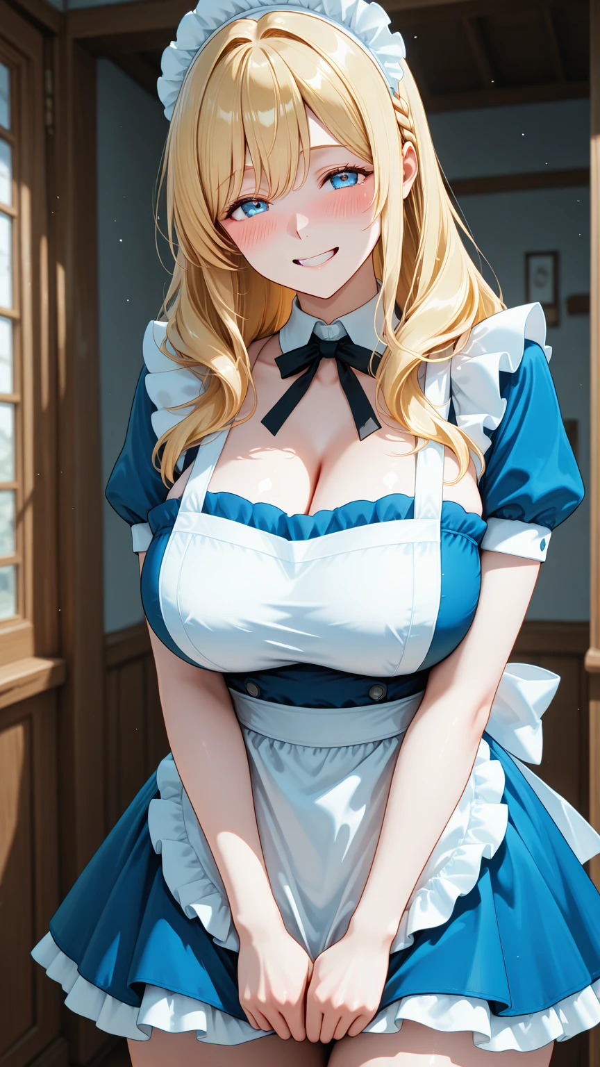 masterpiece, 1girl, solo, make her a ???? Alice in Wonderland with blonde hair, powder blue dress with white apron, white stockings, cleavage, dynamic, ultra high def, 32k, (perfect ???????:1.5), perfect legs, in the style of Artgerm and Adam Hughes, perfect arms, downblouse