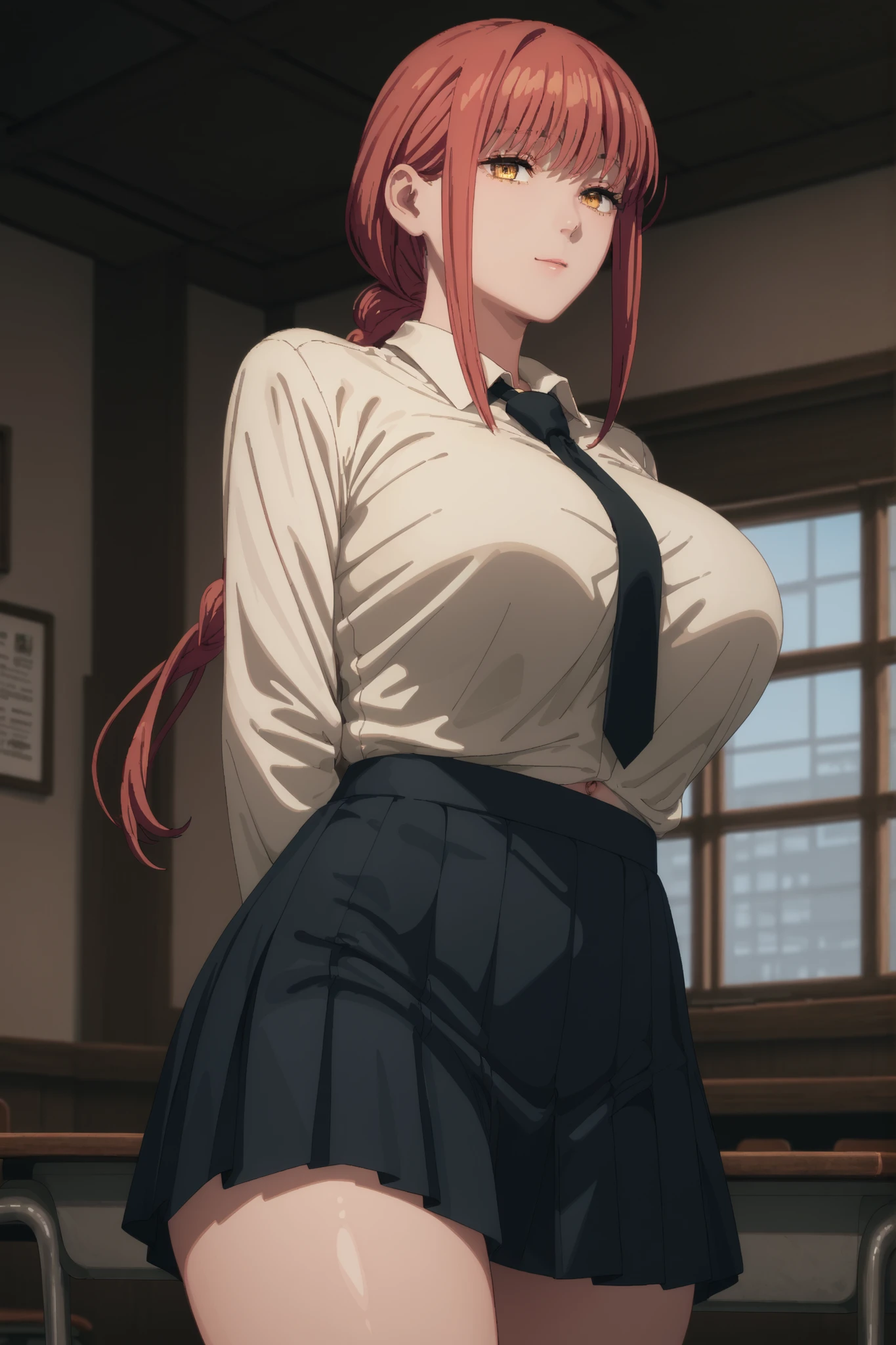 estilocps3, pixel art, 128 bits, pixelation, pony_negativeV2, score_9, score_8_up, score_7_up, (masterpiece), (rating_questionable), (detailed), (highres), (perfect face), high quality eyes, BREAK 1girl, solo, long hair, red hair, Makima hair, hair pulled back with loose strands, yellow eyes, collarbone, breasts, huge breasts, navel, thighs, thick thighs, (Schoolgirl uniform, necktie), (indoors at a school, inside), sexy expresion, cowboy shot, view from below