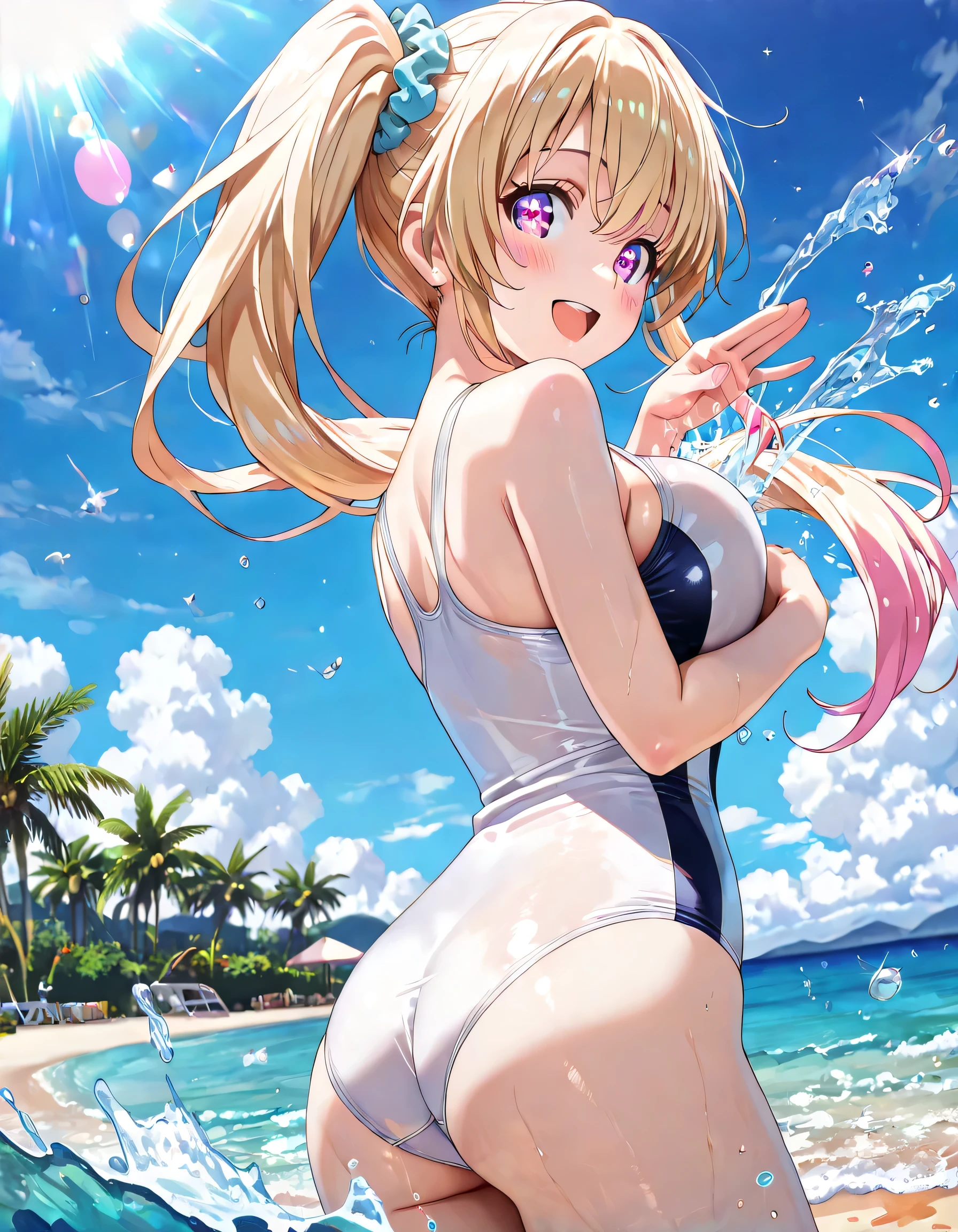 score_9, score_8_up, score_8_up, multiple boys, 1girl, detailed background, ((night)), fireworks in sky, beach, medieval,  on face, , cute, collarbone, , (()), beautiful embroidery,intricate,((elaborate high detailed bikini)), lumine from genshin, , from side, sand ground, pubic hair,  , , holding side, , , , , 