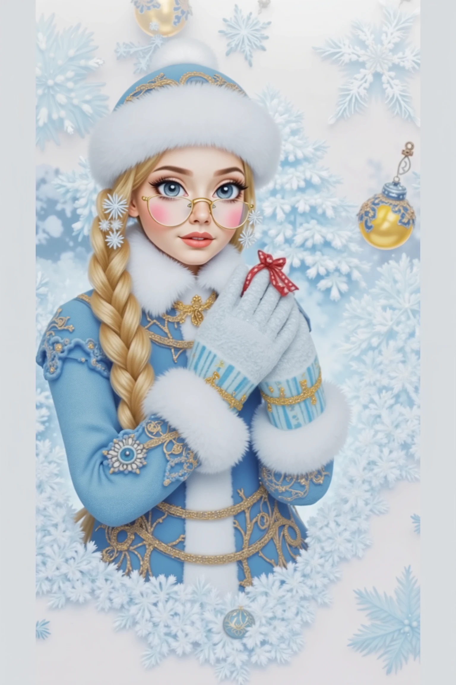 Draw a promotional New Year poster for an optical store (sells glasses). There should be spruce branches around, gold-colored Christmas tree balls, serpentine ribbons. The background of the picture is blue, and in the center is a Russian Snow Maiden in a blue fur coat, trying on glasses.