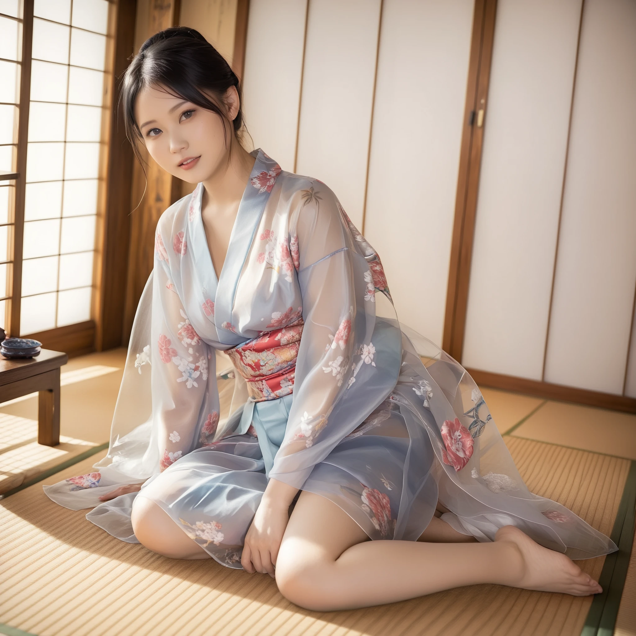 最High Quality 、High Quality 、 最high definition、high definition、8K quality、high image quality 、最High Quality、 masterpiece 、immersive video、 very realistic images of the floor at night 、Realistic Paintings、 perfect details 、 from out of view High contrast 、High Fidelity、 perfect pictures without blur、close to reality、 image faithfully reproduced down to the smallest detail、 EXQUISITE AND REALISTIC WEAPONS 、 Exquisite and realistic human skin 、 Realistic face in every detail、 realistic eyes with attention to detail 、 Realistic lips drawn with minimal detail 、 detailed and real teeth、Real Ears、 Realistic Hair 、((Japanese Model))、((gravure idol))、((Young face))、((black hair))、((medium rounded breasts))、((stylish body ))、(((Sweaty skin all over )))、((Wear a floral kimono made of transparent vinyl,Clear vinyl fits your skin perfectly))、((Wear a floral kimono made of transparent nylon,Clear nylon adheres perfectly to the skin))、((See your skin through a clear vinyl kimono))、((See your skin through a clear nylon kimono))、((Traditional Japanese room))、(((Sit sideways on the tatami mat in a Japanese-style room )))、(((Full Body Footage from Head to Toe,)))、(((look at her from a random angle)))