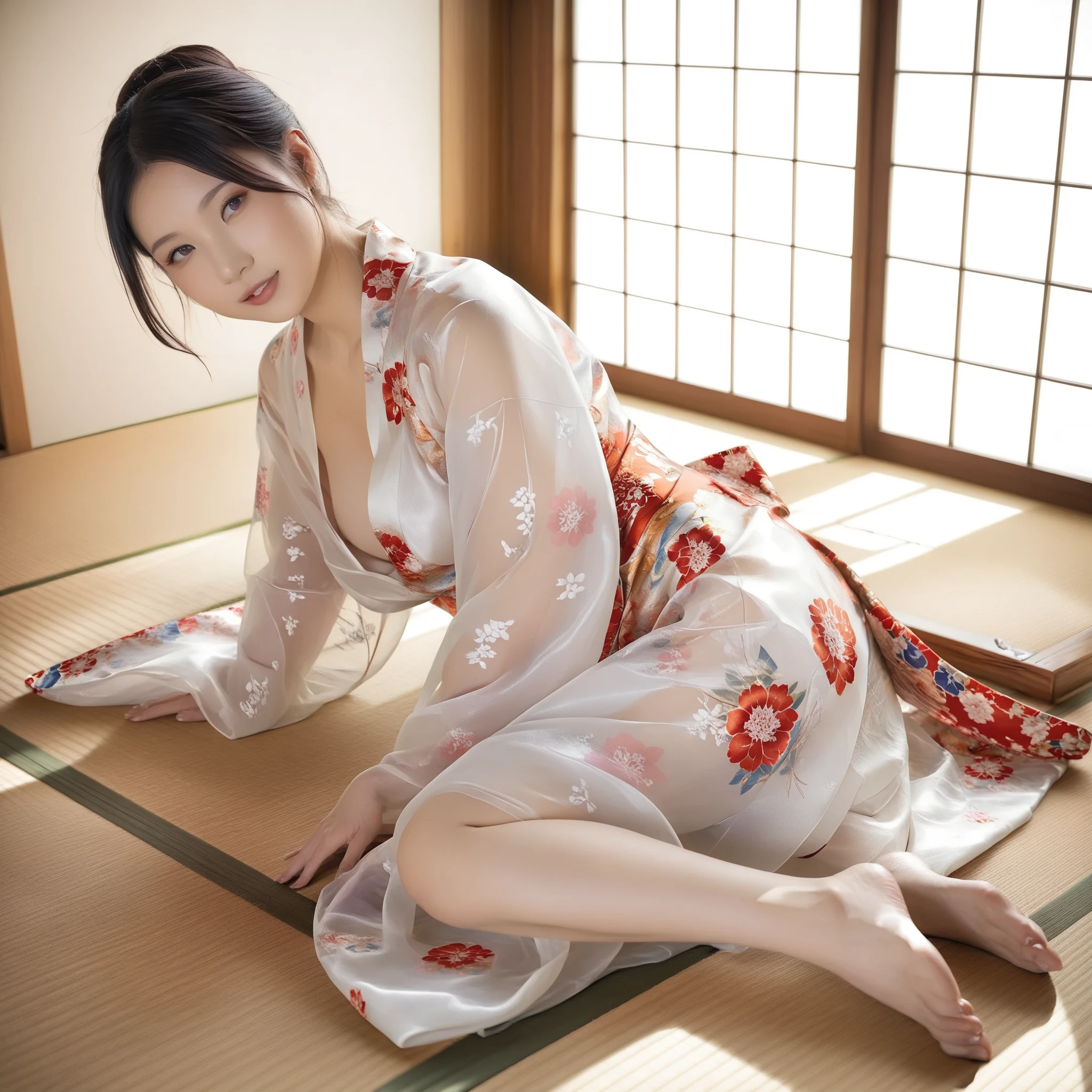 最High Quality 、High Quality 、 最high definition、high definition、8K quality、high image quality 、最High Quality、 masterpiece 、immersive video、 very realistic images of the floor at night 、Realistic Paintings、 perfect details 、 from out of view High contrast 、High Fidelity、 perfect pictures without blur、close to reality、 image faithfully reproduced down to the smallest detail、 EXQUISITE AND REALISTIC WEAPONS 、 Exquisite and realistic human skin 、 Realistic face in every detail、 realistic eyes with attention to detail 、 Realistic lips drawn with minimal detail 、 detailed and real teeth、Real Ears、 Realistic Hair 、((Japanese Model))、((gravure idol))、((Young face))、((black hair))、((medium rounded breasts))、((stylish body ))、(((Sweaty skin all over )))、((Wear a floral kimono made of transparent vinyl,Clear vinyl fits your skin perfectly))、((Wear a floral kimono made of transparent nylon,Clear nylon adheres perfectly to the skin))、((See your skin through a clear vinyl kimono))、((See your skin through a clear nylon kimono))、((Traditional Japanese room))、(((Sit sideways on the tatami mat in a Japanese-style room )))、(((Full Body Footage from Head to Toe,)))、(((look at her from a random angle)))