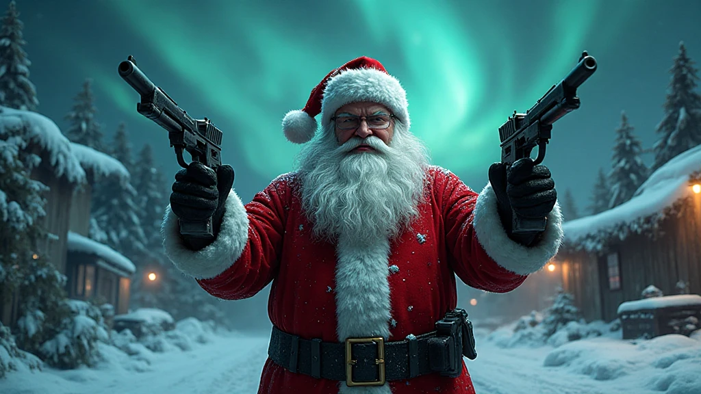 evil Santa Claus, firearms, guns, homemade flamethrower, portraits, dark color tones, dramatic lighting, best quality, ultra-detailed, horror, vivid colors, red eyes, menacing look, evil, eerie, killer, creepy and frightening look, uncanny.