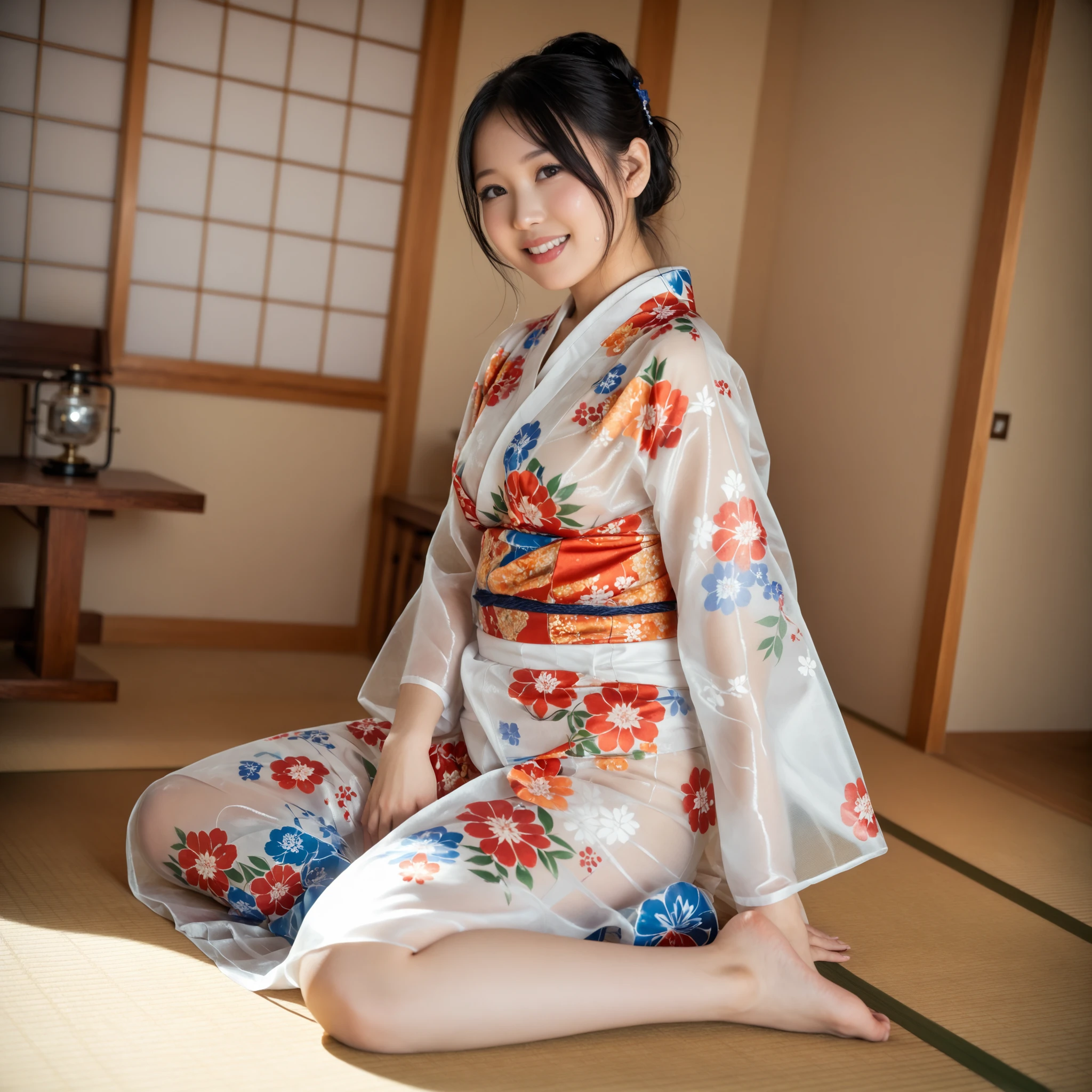 最High Quality 、High Quality 、 最high definition、high definition、8K quality、high image quality 、最High Quality、 masterpiece 、immersive video、 very realistic images of the floor at night 、Realistic Paintings、 perfect details 、 from out of view High contrast 、High Fidelity、 perfect pictures without blur、close to reality、 image faithfully reproduced down to the smallest detail、 EXQUISITE AND REALISTIC WEAPONS 、 Exquisite and realistic human skin 、 Realistic face in every detail、 realistic eyes with attention to detail 、 Realistic lips drawn with minimal detail 、 detailed and real teeth、Real Ears、 Realistic Hair 、((Japanese Model))、((gravure idol))、((Young face))、((black hair))、((medium rounded breasts))、((stylish body ))、(((Sweaty skin all over )))、((Wear a floral kimono made of transparent vinyl,Clear vinyl fits your skin perfectly))、((Wear a floral kimono made of transparent nylon,Clear nylon adheres perfectly to the skin))、((See your skin through a clear vinyl kimono))、((See your skin through a clear nylon kimono))、((Traditional Japanese room))、(((Sit sideways on the tatami mat in a Japanese-style room )))、(((Full Body Footage from Head to Toe,)))、(((look at her from a random angle)))