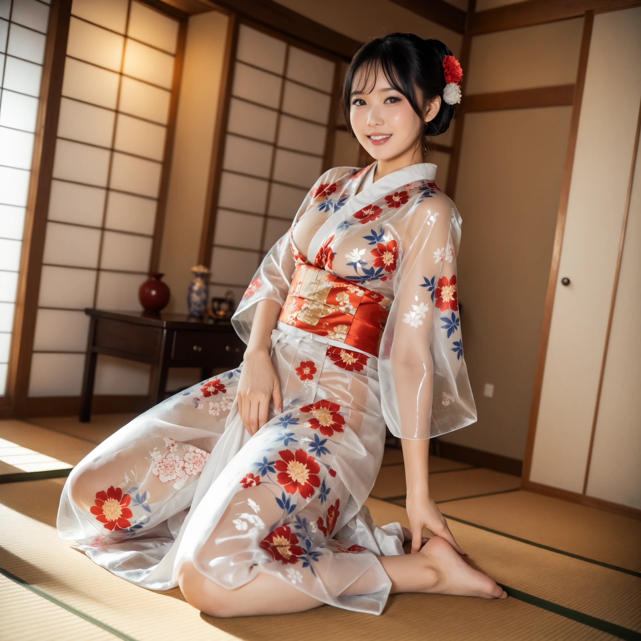 最High Quality 、High Quality 、 最high definition、high definition、8K quality、high image quality 、最High Quality、 masterpiece 、immersive video、 very realistic images of the floor at night 、Realistic Paintings、 perfect details 、 from out of view High contrast 、High Fidelity、 perfect pictures without blur、close to reality、 image faithfully reproduced down to the smallest detail、 EXQUISITE AND REALISTIC WEAPONS 、 Exquisite and realistic human skin 、 Realistic face in every detail、 realistic eyes with attention to detail 、 Realistic lips drawn with minimal detail 、 detailed and real teeth、Real Ears、 Realistic Hair 、((Japanese Model))、((gravure idol))、((Young face))、((black hair))、((medium rounded breasts))、((stylish body ))、(((Sweaty skin all over )))、((Wear a floral kimono made of transparent vinyl,Clear vinyl fits your skin perfectly))、((Wear a floral kimono made of transparent nylon,Clear nylon adheres perfectly to the skin))、((See your skin through a clear vinyl kimono))、((See your skin through a clear nylon kimono))、((Traditional Japanese room))、(((Sit sideways on the tatami mat in a Japanese-style room )))、(((Full Body Footage from Head to Toe,)))、(((look at her from a random angle)))