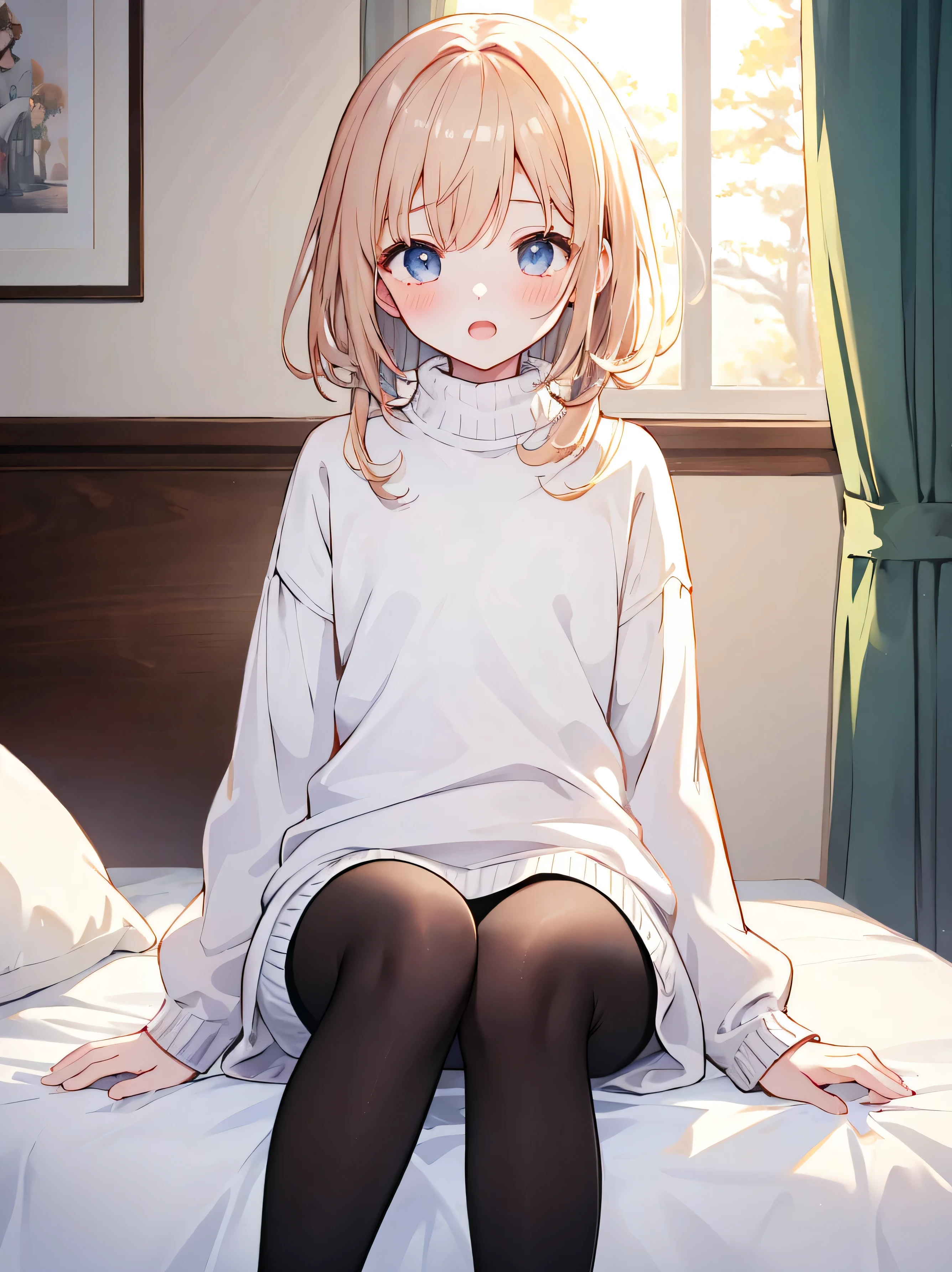 masterpiece, top quality, Practicalな, 8k, Official Art, Movie Lighting, 1 girl, white sweater dress, pantyhose, sitting, on the bed, bedroom,blushing、place your hand on your crotch、open mouth、slouched eyes、 sunlight, staring at the audience,masterpiece 、 top quality 、 Practical 、 8k 、 Official Art 、 Movie Lighting 、 Ultra High Definition 、 1 girl 、 white sweater dress with hand hem 、 pantyhose 、 sitting 、 on the bed 、 bedroom 、 sunlight 、 watching the audience