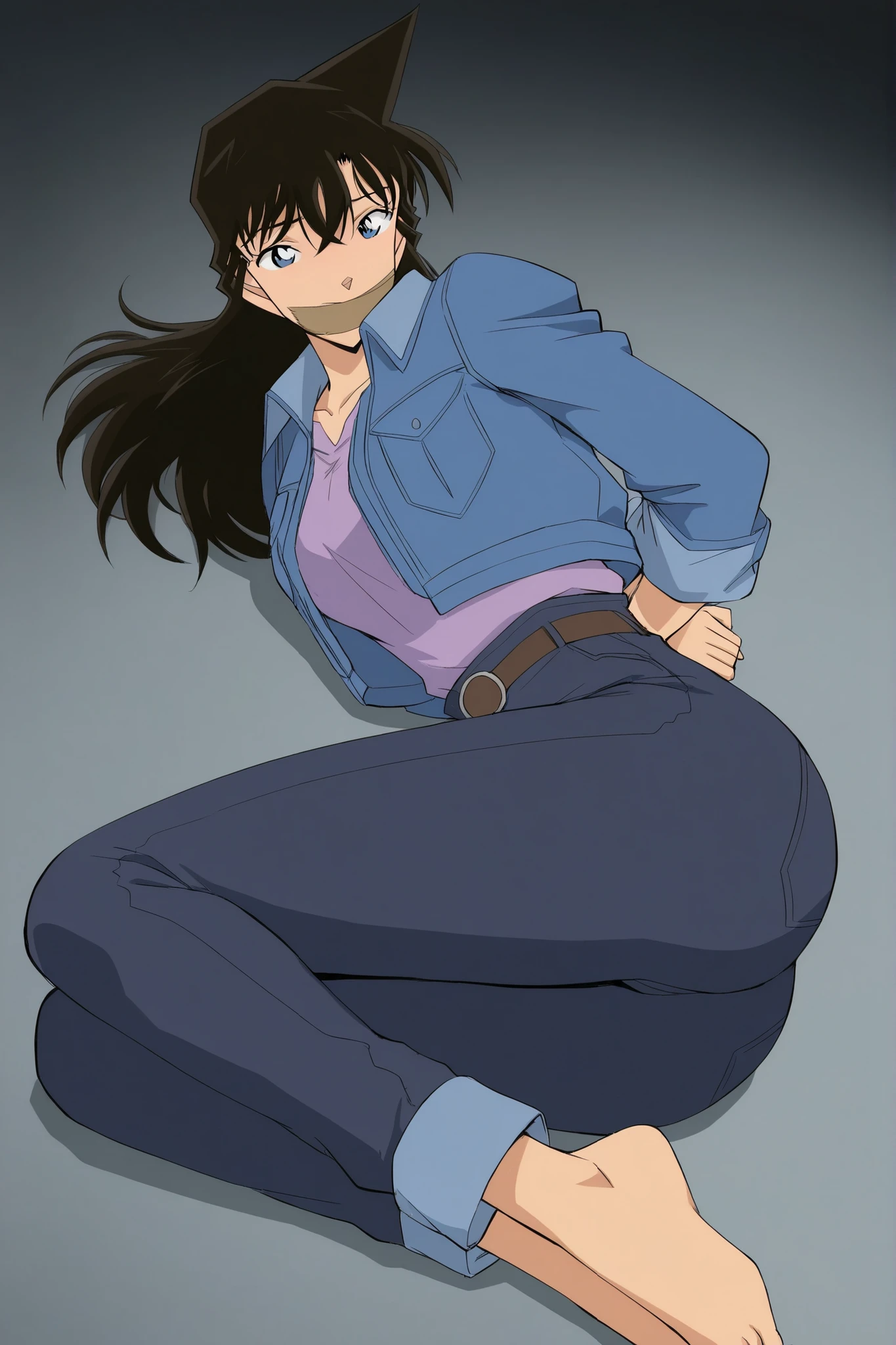 sexy curvy body, masterpiece, 16K resolution, perfect anatomy, seductive pose, erotic, attention to detail, ,, ,masterpiece,best quality,Ran mouri, 1girl, solo, long hair Brown hair, blue eyes, gagged cloth, tape gagged, blue pants, blue open jack, purple shirt under jacket, t ,Ran mouri,1girl,solo,blue denim jacket with rolled-up sleeves over a light purple collared shirt,dark pants with a brown belt, gagged,tied up,damsel ،Her hands are tied behind her back,Her feet are tied، ,,,,lying on her stomach ,,, from Back, Close to her butt