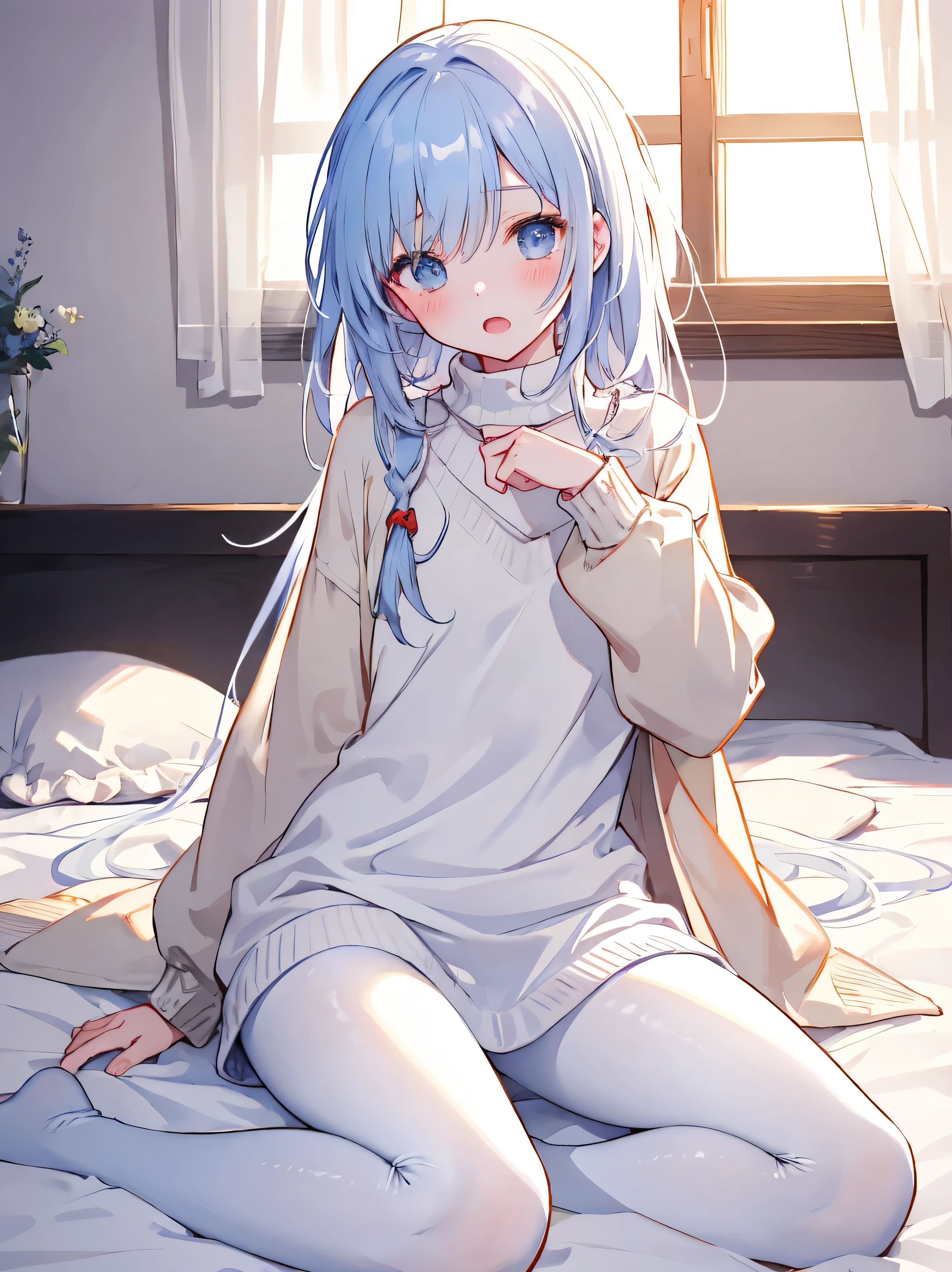masterpiece, top quality, Practicalな, 8k, Official Art, Movie Lighting, 1 girl, white sweater dress, pantyhose, sitting, on the bed, bedroom,blushing、place your hand on your crotch、open mouth、masturbating、slouched eyes、 sunlight, staring at the audience,masterpiece 、 top quality 、 Practical 、 8k 、 Official Art 、 Movie Lighting 、 Ultra High Definition 、 1 girl 、 white sweater dress with hand hem 、 pantyhose 、 sitting 、 on the bed 、 bedroom 、 sunlight 、 watching the audience