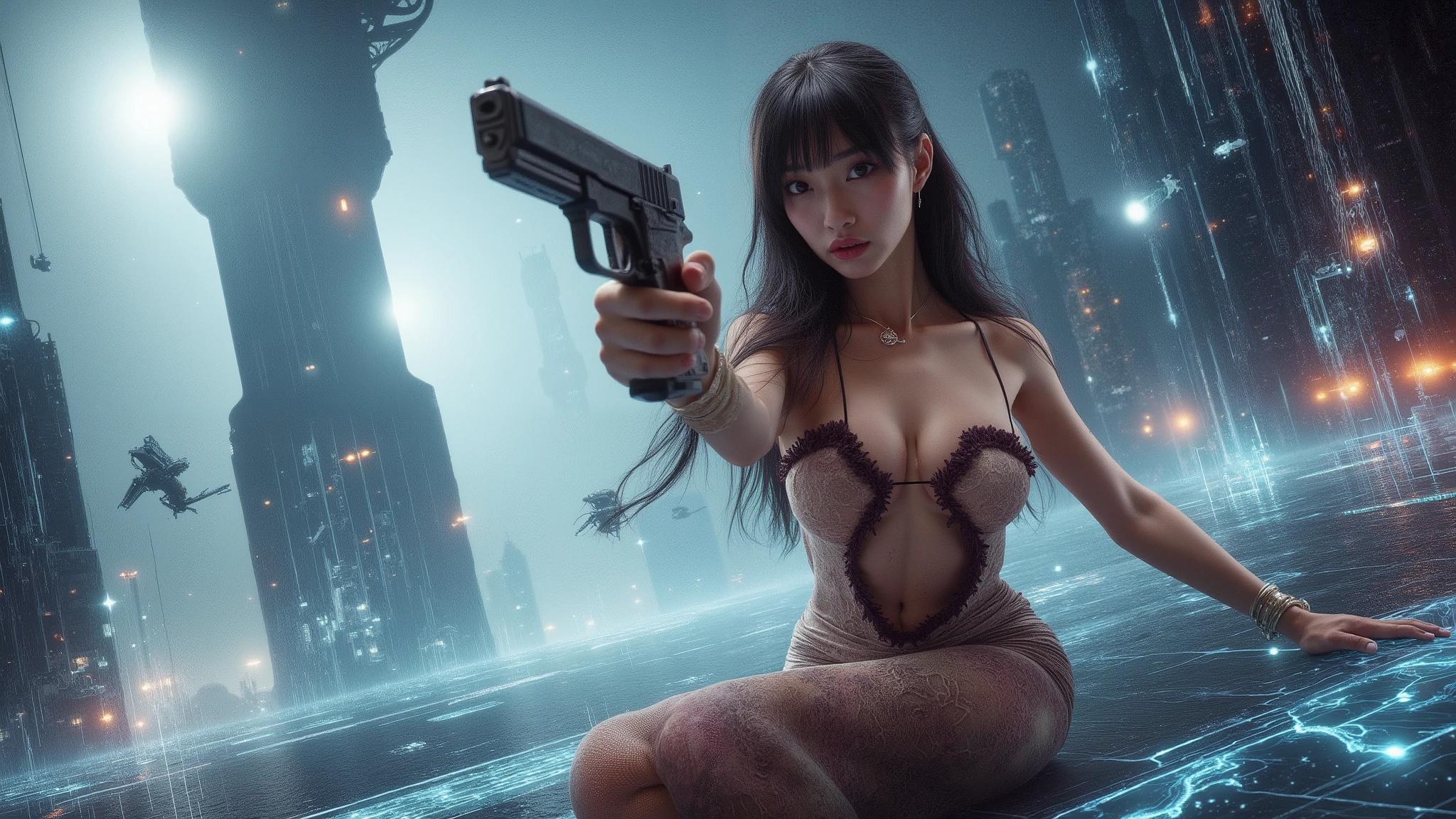 (photo-realistic, low angle view), mid-ground:0.8 half-body shot of a  large-breast:1.2 Japanese 1woman, facing camera, cleavage, hip up, slim face, slim:0.1 body, well-lit face, (((white simple transparent shift dress, detailed:1.1 hemline, exposing ))), (((aiming with a short:0.1 sci-fi pistol))), well-lit:1.2, space docking giant tower in distance, flying vehicle in distance, cyberpunk, digital art, concept art, dramatic lighting, neon lights, cinematic composition, (wireframe grid as ground, blurred background).