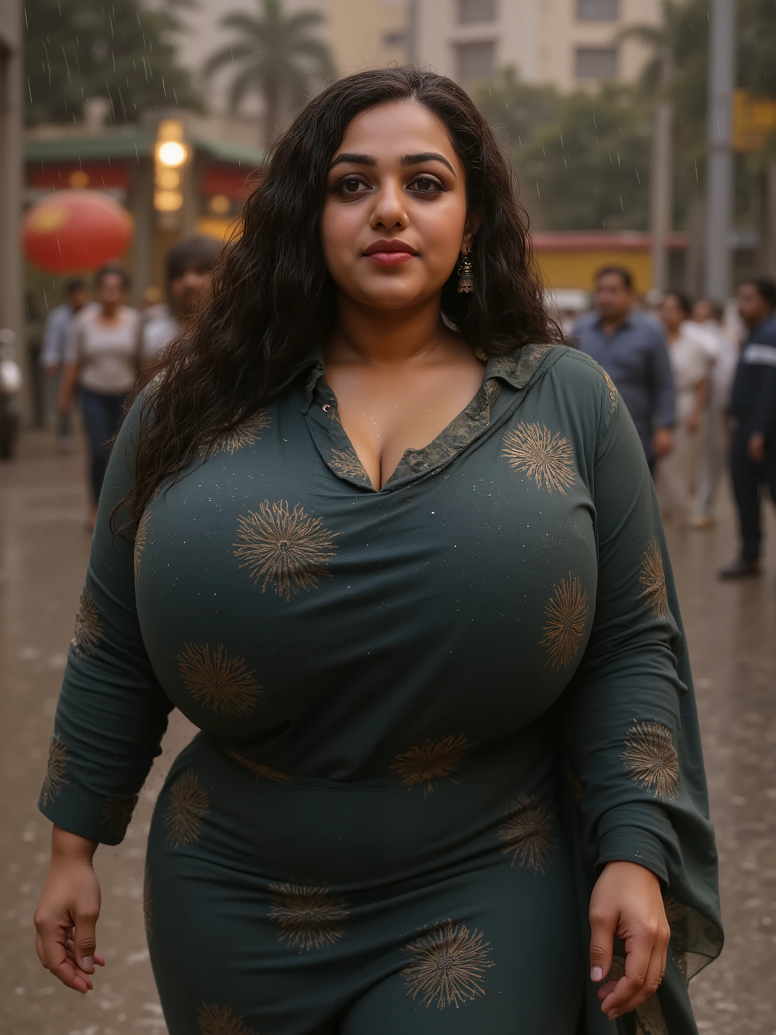 Busty indian curvy slim women walking in rain side profile