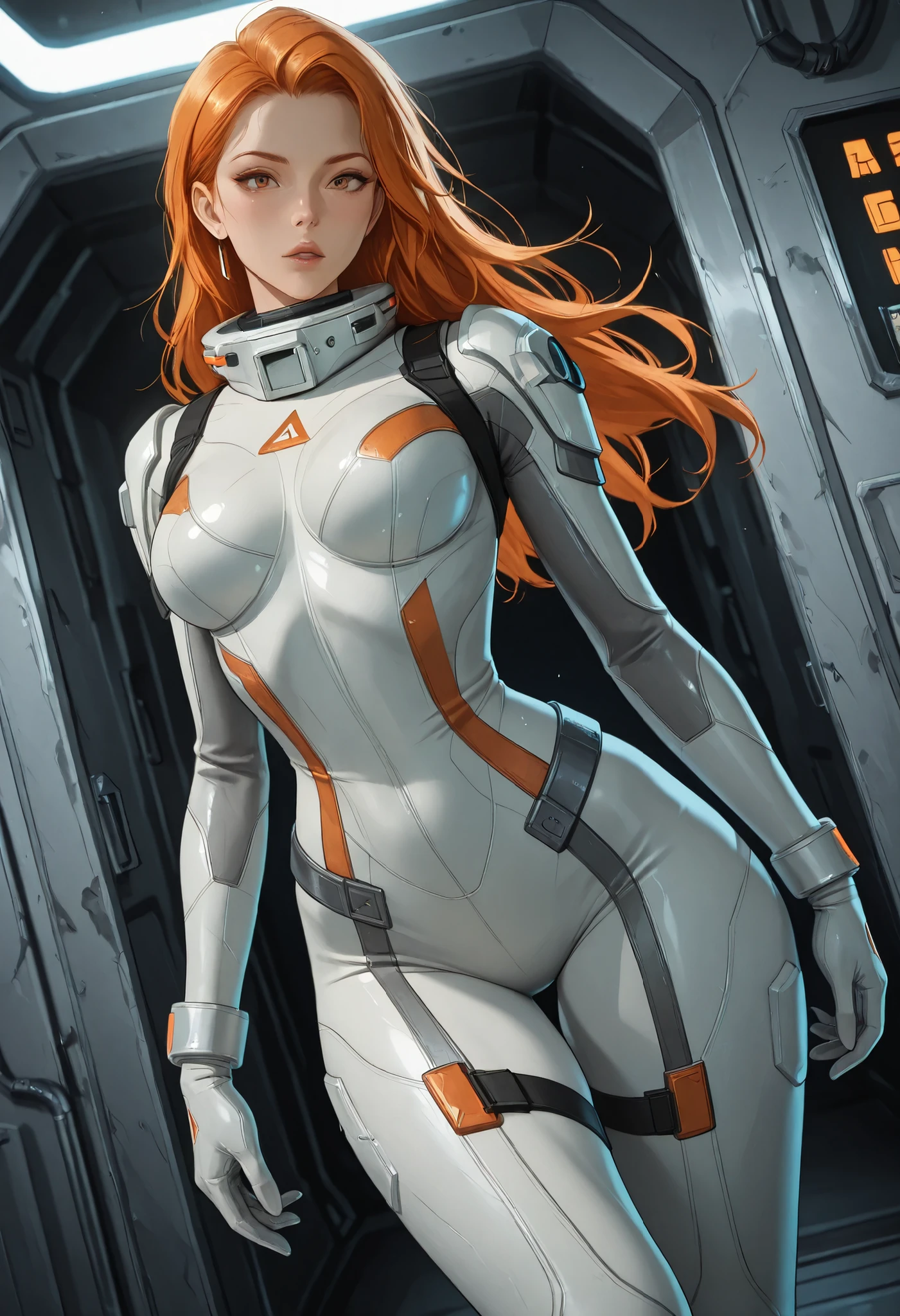 high resolution images, masterpiece, Highest Quality, amazing quality, official art, Highly detailed, Wallpaper, 1 girl, slender, wide hips, (slim thighs), A very attractive and slim woman wearing a tight spacesuit walks through the corridors of an abandoned and decaying space station in a futuristic world. dynamic angle, ((orange accent lines)),