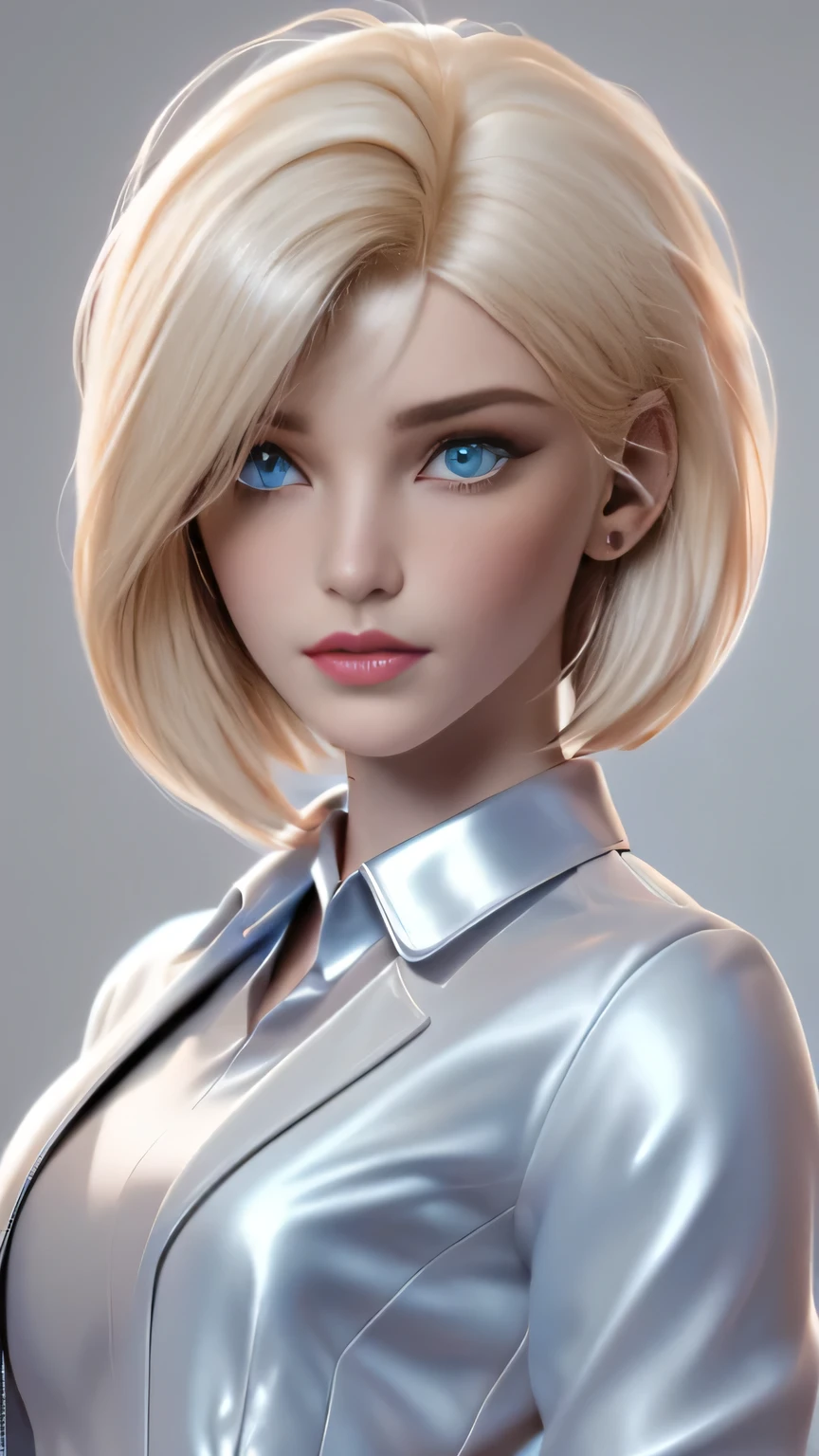 RAW digital art, ultra-realistic 3D render of a stunning woman resembling a futuristic cyberpunk protagonist, ((young woman)), ((highly detailed face:1.3)), ((perfectly proportioned oval face, delicate feminine yet androgynous features:1.3)), ((skinny, slim athletic build, narrow shoulders and waist:1.3)), ((seductive yet cold gaze)), (striking ice-blue eyes, long dark eyelashes, expressive eyes with subtle catchlights and reflections, pale porcelain skin with cool undertones, subtle beauty mark on left cheek)), ((small perky breasts under tight clothing:1.3)), ((smooth yet detailed hair strands, very short platinum-blonde asymmetrical bob with side-swept bangs partially covering one eye, silky metallic sheen:1.35)), soft dramatic rim lighting with strong cool blue key light from front-left, glowing hair edges, cinematic cyberpunk color grading with dominant cool blues and high contrast, ((wearing a high-collared white futuristic jacket with subtle blue-gray panels and reflective fabric:1.45)), minimal clean background with soft blue gradient and subtle lens flare, close-up portrait from chest up, background softly blurred, (8K resolution, intricate textures, razor-sharp focus on eyes and face)