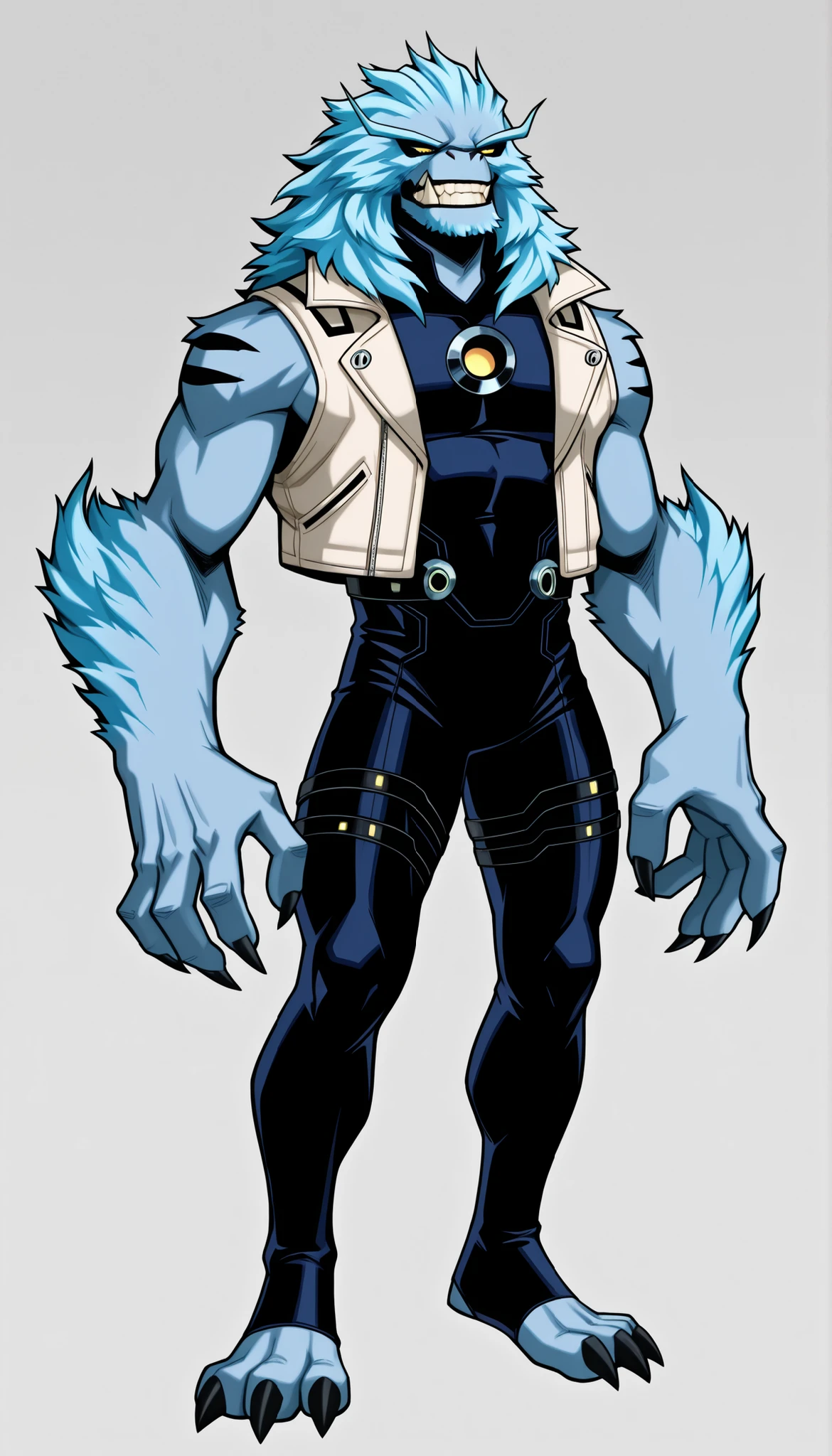((Highest Quality)), ((Simple Light Grey Background)), (My Hero Academia style), standing, (1male), (Male), mature male, mature man, solo, toned body, athletic body, Toned body, slender body, thick body, standing, Full body, inhuman creature, inhuman vulpimancer monster, inhuman vulpimancer monster creature, inhuman monster creature, inhuman vulpimancer form, inhuman vulpimancer monster, inhuman monster form, inhuman form, vulpimancer form, vulpimancer monster, vulpimancer creature, inhuman appoplexian monster, inhuman appoplexian monster creature, inhuman appoplexian form, inhuman appoplexian monster, appoplexian form, appoplexian monster, appoplexian creature, monster form, monster creature, grin, yellow eyes, Half-closed eyes, fangs, pronounced fangs, lower fangs, tusk, lower tusk, pronounced tusks, claws, sharped claws, claws on hands, claws on feet, sharped fangs, sharped tusk, two-tone fur skin, two-tone fur-skinned male, two-tone fur-skinned, grey and blue skin, grey and blue skinned, grey and blue skinned male, fur skin, fur-skinned, fur-skinned male, two-tone skin, two-tone-skinned, two-tone-skinned male, black strapped pattern skinned arms, black strapped pattern skinned legs, black strapped pattern skinned torso, black strapped pattern skinned head, wide jaws, (fusion between Rath and Wildmutt), ((pronounced one single knuckle black Claw in each hand)), White sleeveless cropped jacket, white sleeveless open jacket, White sleeveless jacket, black bodysuit, sleeveless bodysuit, double breasted bodysuit, toeless Footwear, (Blue Long fur Mane), Blue Mane, fur mane, long mane, mane,