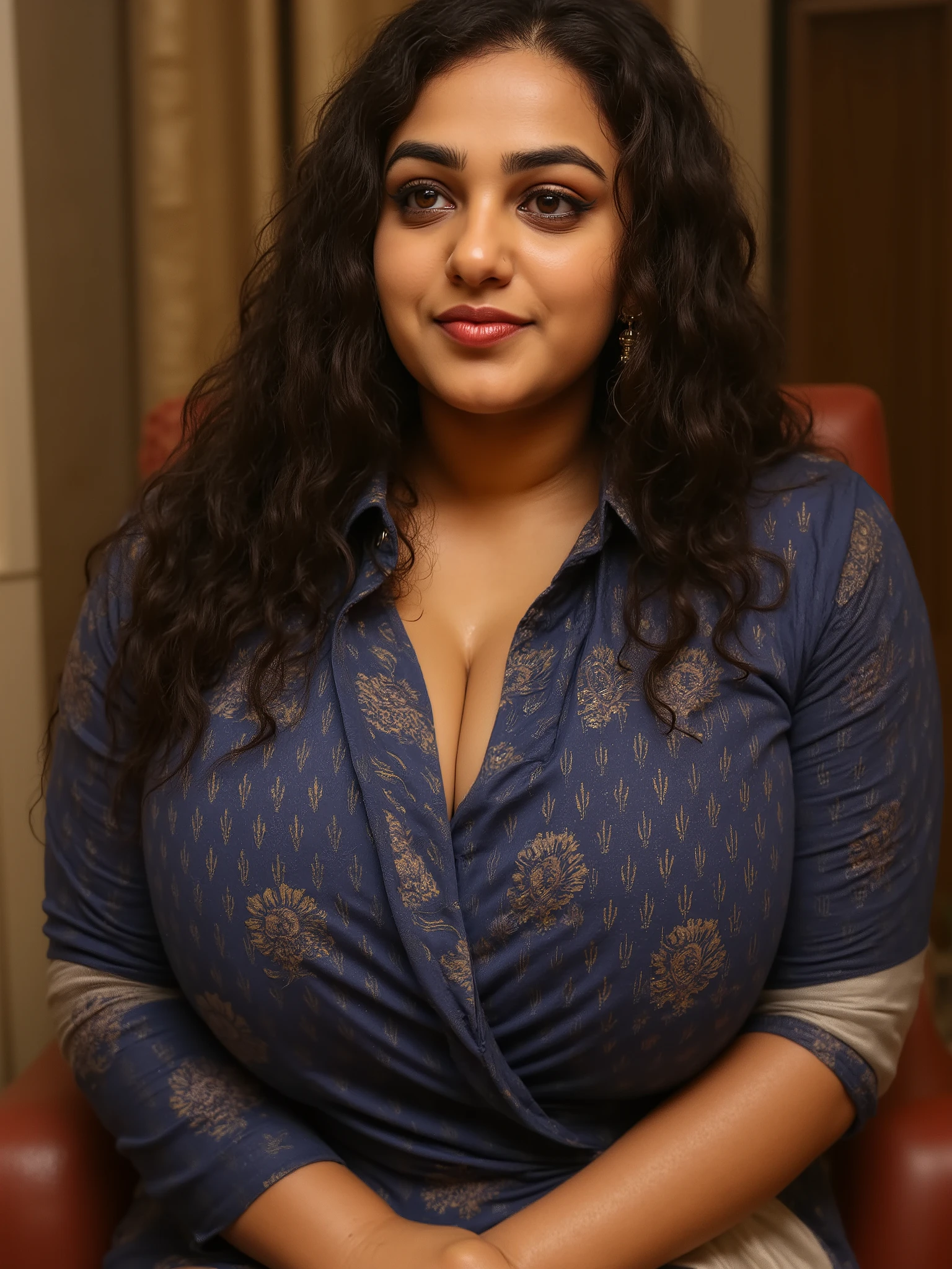Busty indian curvy slim women standing in bedroom with only blouse and pettycoat, no saree