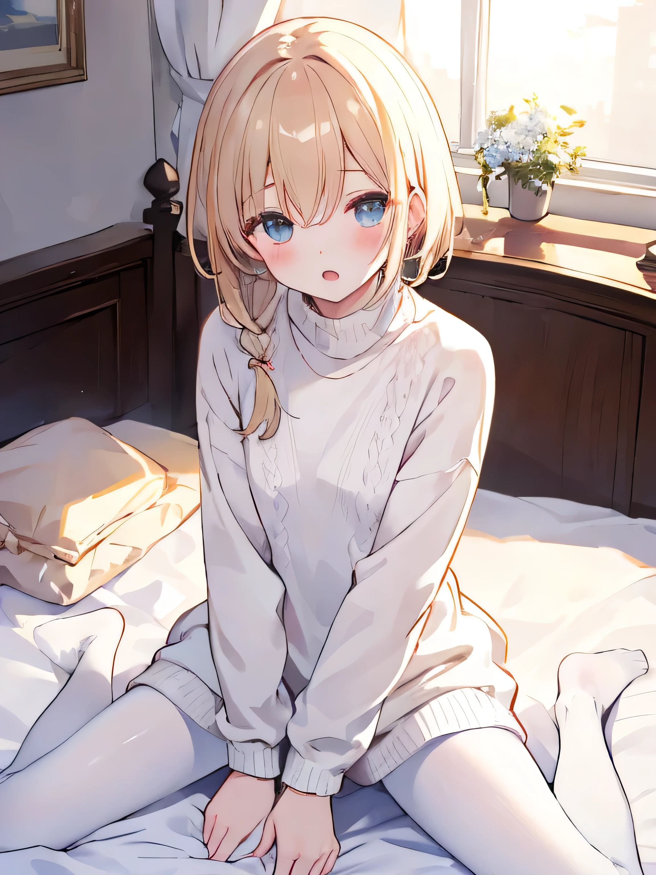 masterpiece, top quality, Practicalな, 8k, Official Art, Movie Lighting, 1 girl, white sweater dress, pantyhose, sitting, on the bed, bedroom,blushing、Both hands on crotch、open mouth、masturbating、looking upwards、above、square、slouched eyes、 sunlight, staring at the audience,masterpiece 、 top quality 、 Practical 、 8k 、 Official Art 、 Movie Lighting 、 Ultra High Definition 、 1 girl 、 white sweater dress with hand hem 、 pantyhose 、 sitting 、 on the bed 、 bedroom 、 sunlight 、 watching the audience