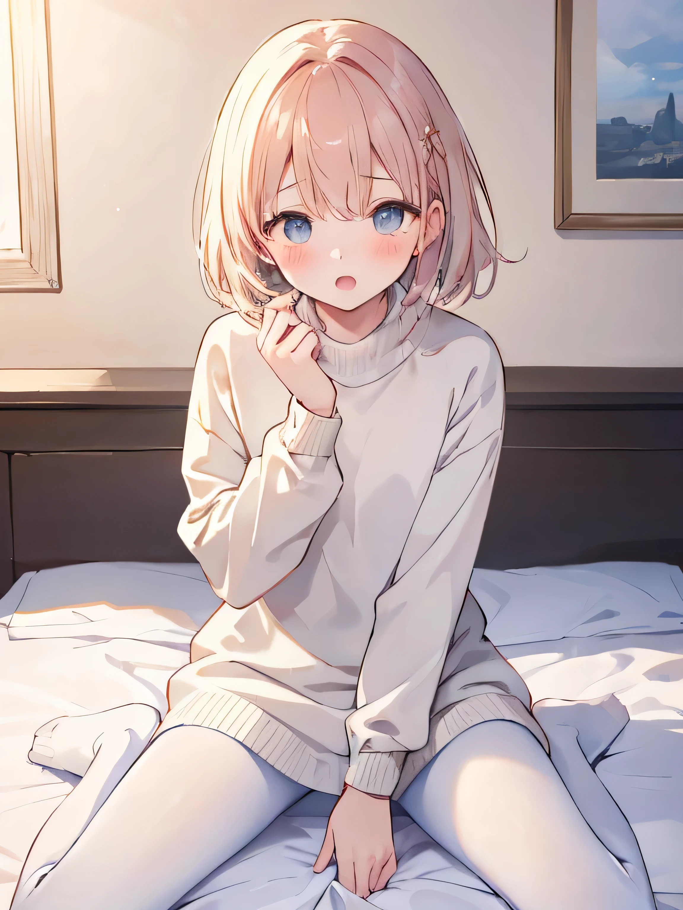 masterpiece, top quality, Practicalな, 8k, Official Art, Movie Lighting,  1 girl, white sweater dress, pantyhose, sitting, on the bed, bedroom,blushing、Both hands on crotch、open mouth、masturbating、looking upwards、above、square、slouched eyes、 sunlight, staring at the audience,masterpiece 、 top quality 、 Practical 、 8k 、 Official Art 、 Movie Lighting 、 Ultra High Definition 、 1 girl 、 white sweater dress with hand hem 、 pantyhose 、 sitting 、 on the bed 、 bedroom 、 sunlight 、 watching the audience 