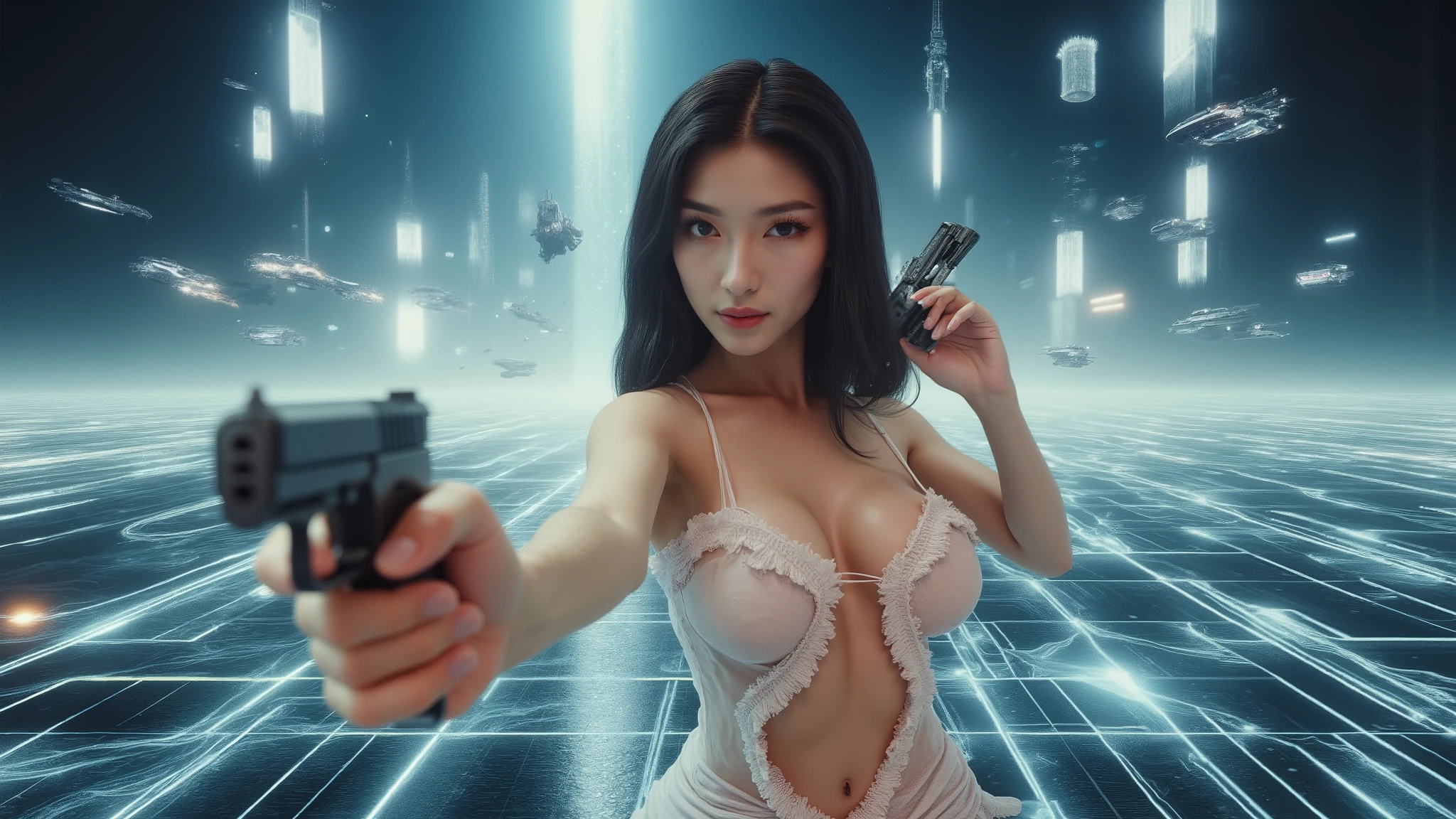 (photo-realistic, low angle view), mid-ground half-body shot of a large-breast:1.2 Japanese 1woman, facing camera, cleavage, hip up, slim face, slim:0.1 body, well-lit face, (((white simple transparent shift dress, detailed hemline, exposing ))), (((aiming with a short:0.1 sci-fi pistol))), well-lit:1.2, space docking giant tower in distance, flying vehicle in distance, cyberpunk, digital art, concept art, dramatic lighting, neon lights, cinematic composition, (wireframe grid as ground, blurred background).