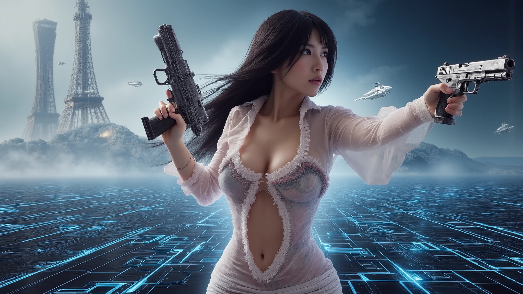 (photo-realistic, low angle view), mid-ground half-body shot of a large-breast:1.2 Japanese 1woman, facing camera, cleavage, hip up, slim face, slim:0.1 body, well-lit face, (((white simple transparent shift dress, detailed hemline, exposing ))), (((aiming with a short:0.1 sci-fi pistol))), well-lit:1.2, space docking giant tower in distance, flying vehicle in distance, cyberpunk, digital art, concept art, dramatic lighting, neon lights, cinematic composition, (wireframe grid as ground, blurred background).