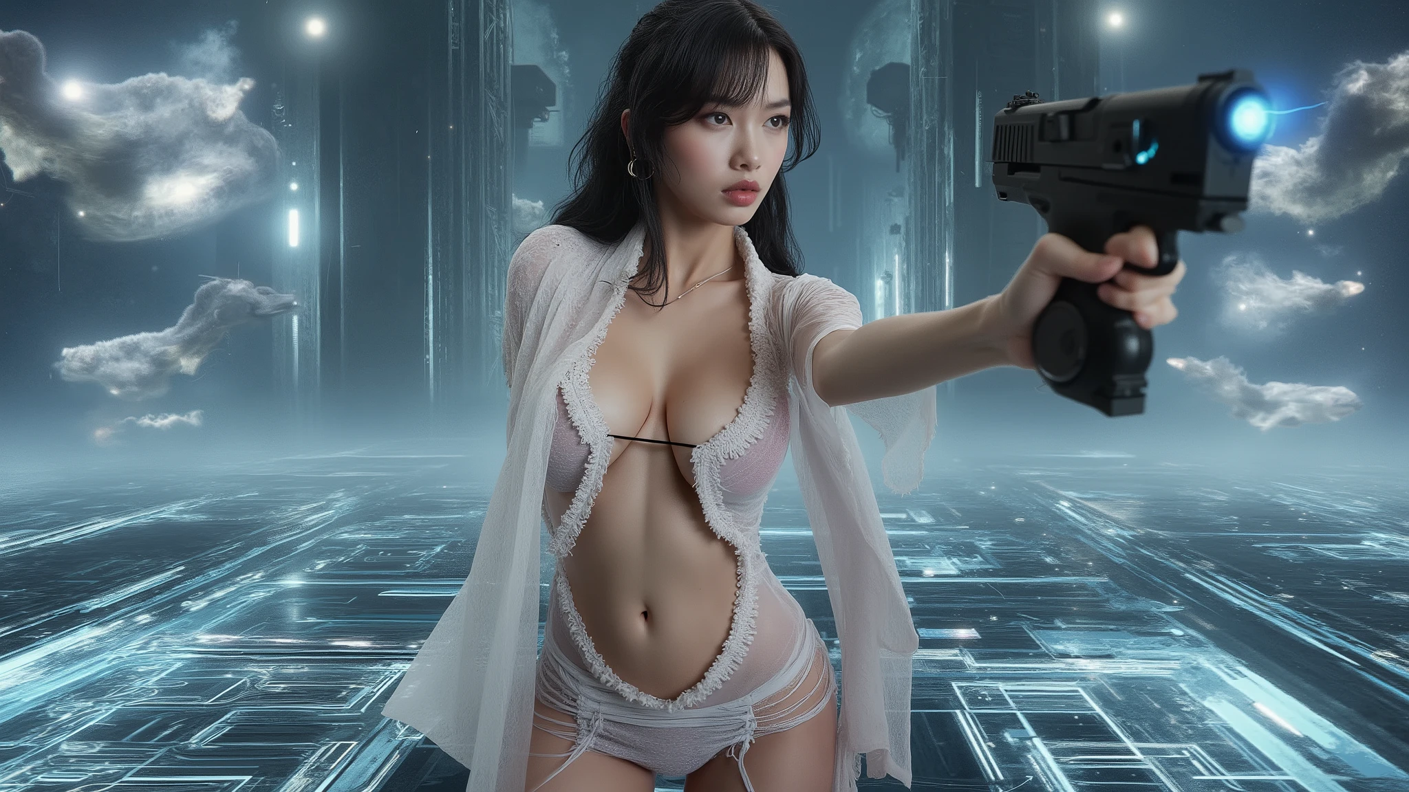 (photo-realistic, low angle view), mid-ground half-body shot of a  large-breast:1.2 Japanese 1woman, facing camera, cleavage, hip up, slim face, slim:0.1 body, well-lit face, (((white simple transparent shift dress, detailed hemline, exposing  ))), (((aiming with a short:0.1 sci-fi pistol))), well-lit:1.2, space docking giant tower in distance, flying vehicle in distance, cyberpunk, digital art, concept art, dramatic lighting, neon lights, cinematic composition, (wireframe grid as ground, blurred background).