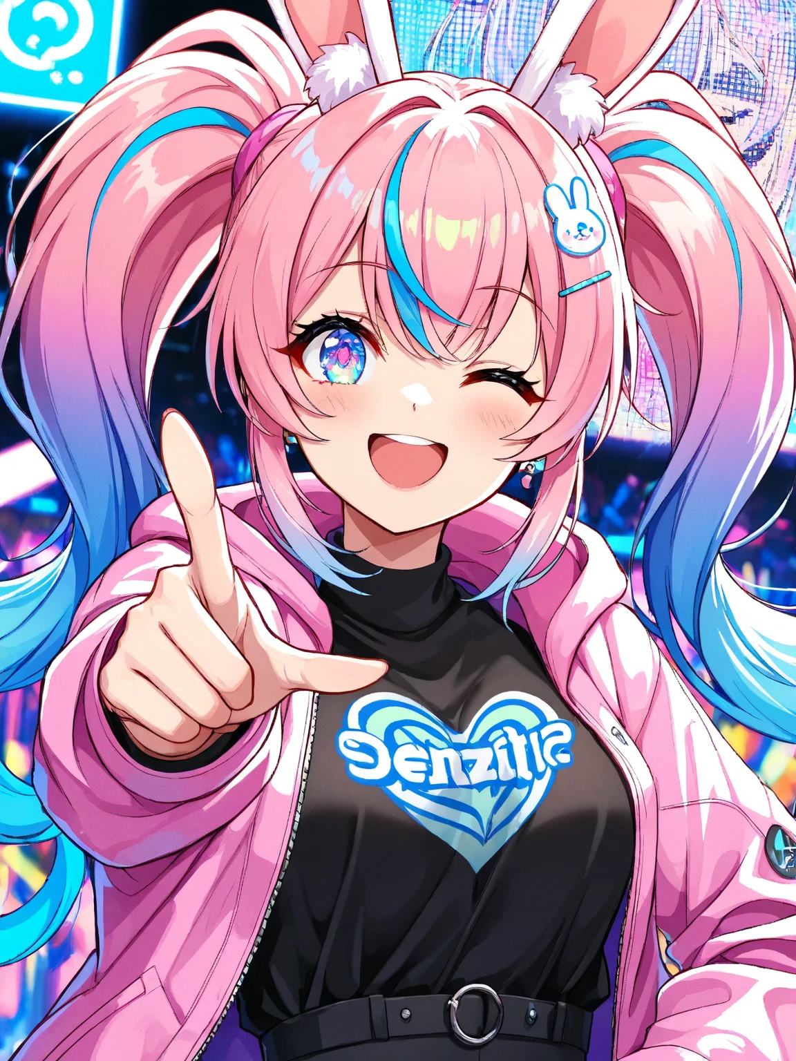 (Masterpiece) (High Detail) (High Res) a short  humanoid girl with pale human skin, bright turquoise-coloured eyes, long pink hair in a braid and large fluffy pink dog ears and a big fluffy pink dog tail and average breasts wearing just a baggy oversized white t-shirt and holding up a peace sign to the viewer, and poking out her tongue. Pink Hair. Pink Tail.