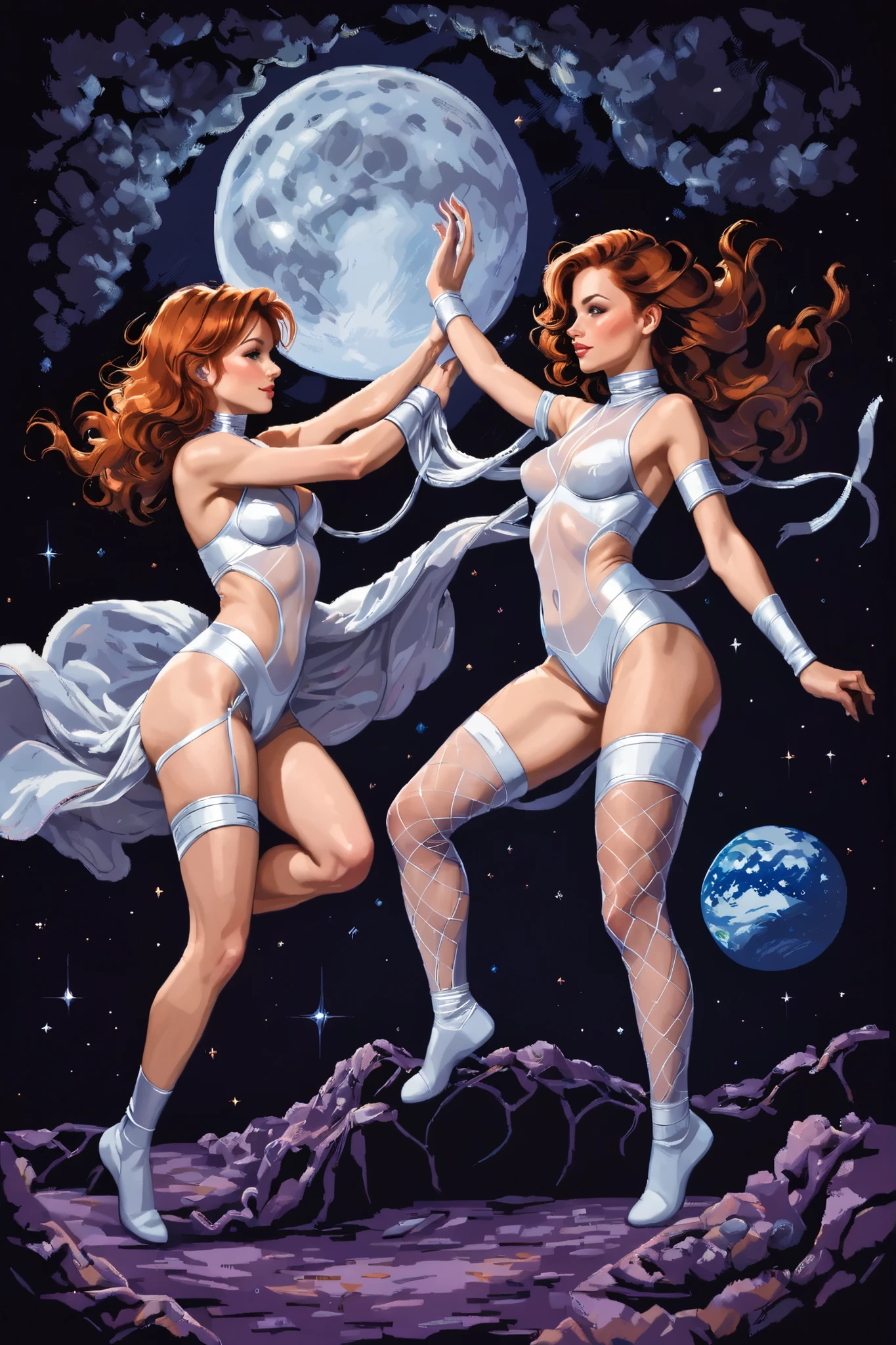 sheer draped fabric, 2 women, lesbians, fishnet stockings, skindentation, astronauts