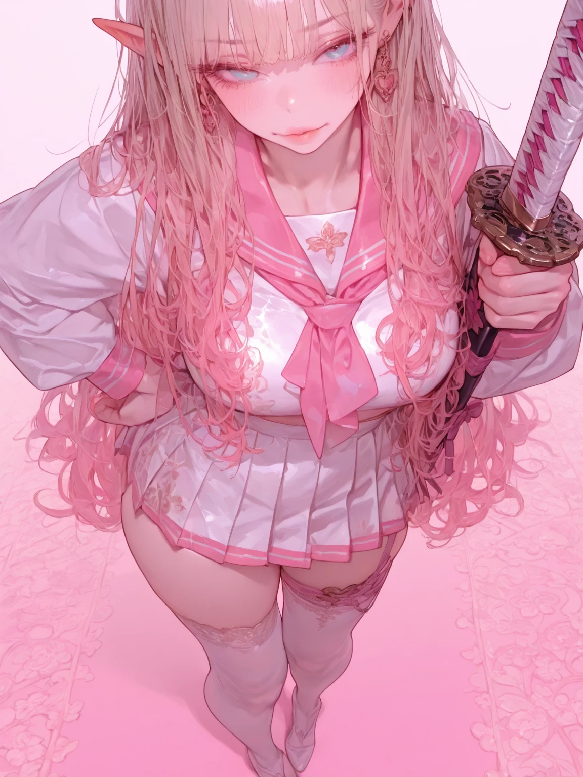 pink long hair, embarrassed, masterpiece, inside empty room, , visible breasts, medium breasts, full body, laying on the bed, one of her hands holding sheathed katana, showing 