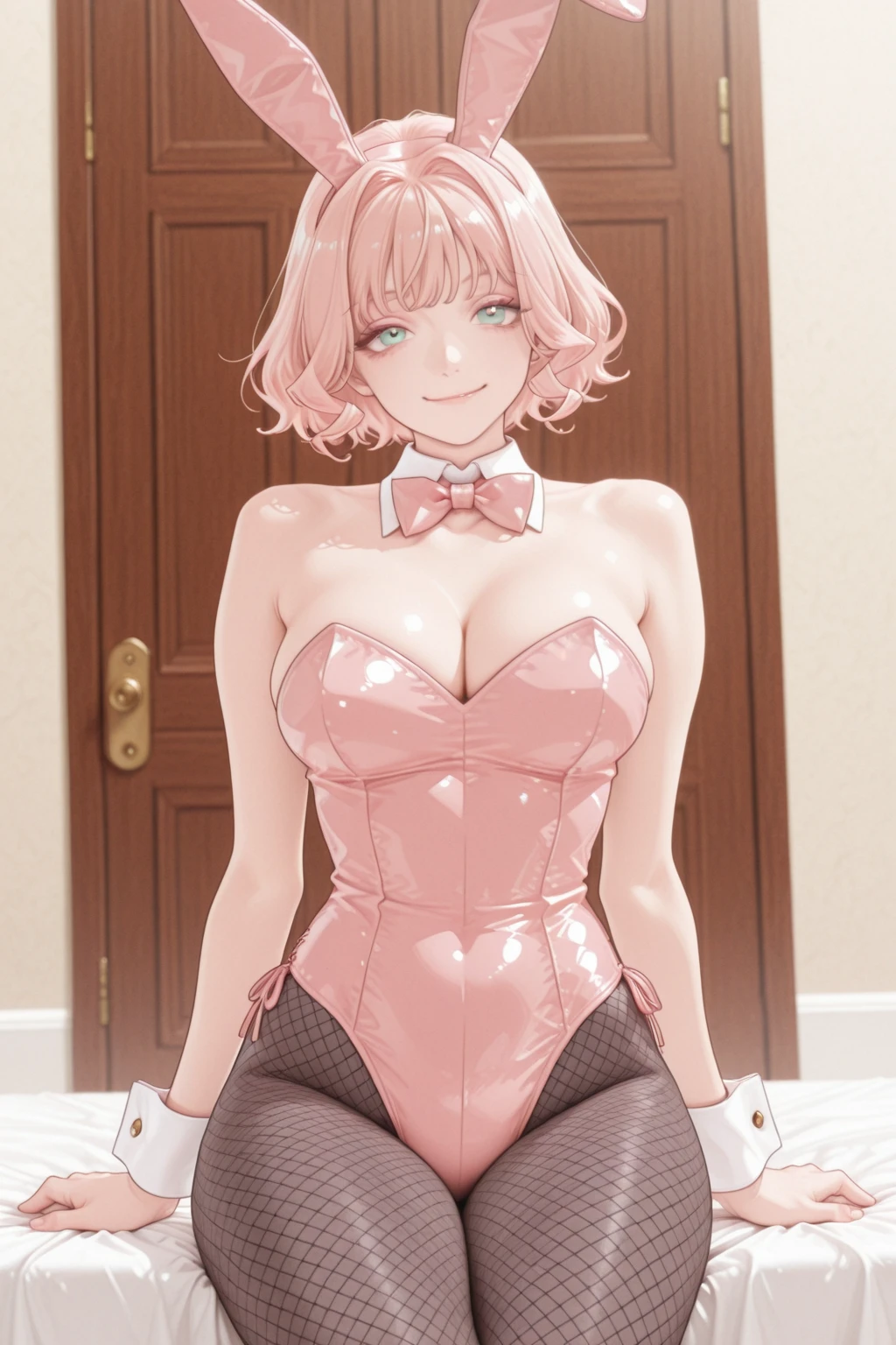 score_9, score_8_up, score_7_up, score_6_up, score_5_up, score_4_up, KallenStadfeldXL, blue eyes, red hair, short hair, hair intakes, large breasts, rabbit ears, red bowtie, pink playboy bunny, pink leotard, white wrist cuffs, pink pantyhose, pink footwear, solo, standing, seductive smile, looking at viewer, indoors <lora:KallenStadfeldXL:0.9>