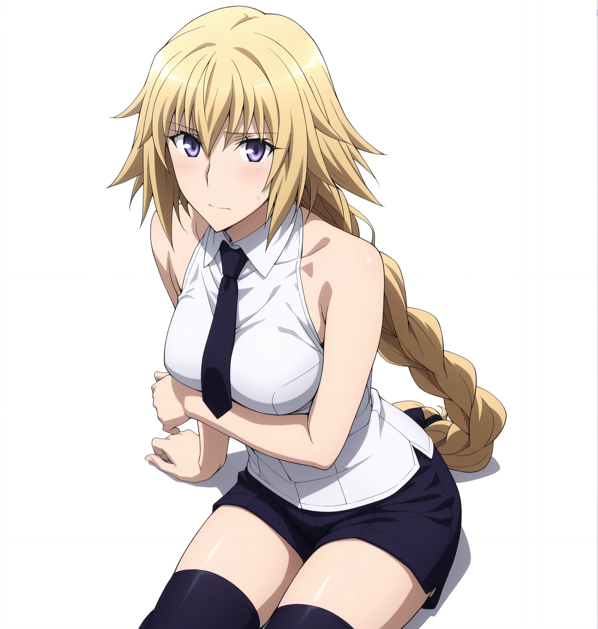 jeanne_d_arc_f-a, Fate/Apocrypha ,official art style ,1girl, blonde hair, solo, long hair, purple eyes, braid, looking at viewer, blue eyes, , single braid, <lora:JeanneDArc-FateApocrypha-ILXL:1>, (aged up:1.2), (masterpiece),(best quality),(ultra-detailed),(best illustration),(best shadow),(absurdres),(detailed background),(very aesthetic), ((bare shoulders, black necktie, black thighhighs, braid, long braid, necktie, shirt, single braid, sleeveless, sleeveless shirt, thighhighs, white shirt, shorts)), light embarrassed, looking at viewer, ,((white background, simple background)),medium breasts, ((yokozuwari)), from above, cowboy shot,