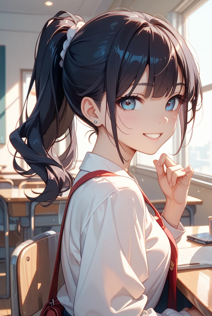 The image should feature a female anime character with a lively and confident expression and a nice smile, standing in a sunlit room with morning light streaming through a window. The character is wearing a favorite shirt, ready to start the day. In the background, depict a vibrant cityscape that transitions to evening, with city lights starting to flicker. The scene should include elements that represent music and dreams, such as musical notes floating around and a sense of motion. The overall atmosphere should be energetic, filled with hope and the promise of a new day.
