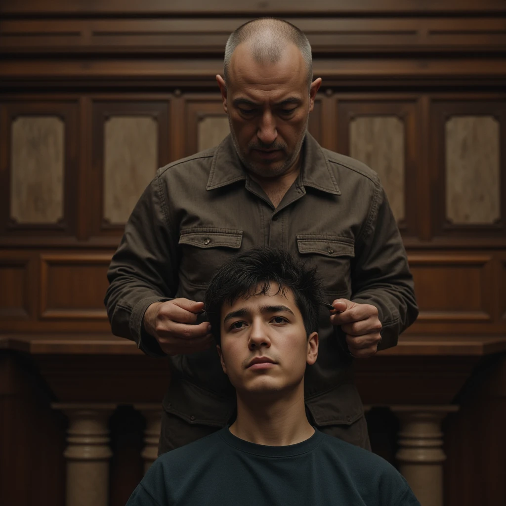 gloomy interior, young man in handcuffs sits on a chair, around — armed veterans, angry glances, heavy atmosphere, hard light from the window, intense emotional tension, photorealism