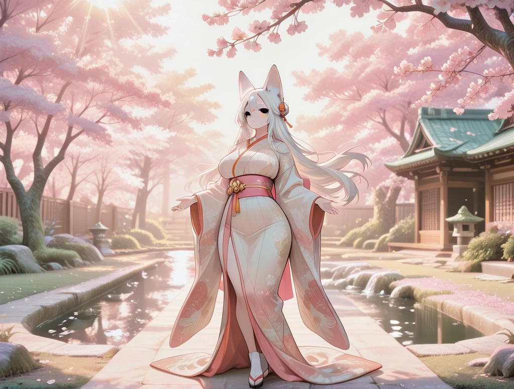 Best quality, hyper-high detail, very high res, Extremely detailed CG, Realism，absurd res，fox ear，Huge colorful fox tail， D cup breasts 8K,Colorful, A 20-year-old nine-tailed fox girl,japanaese girl，Light turtleneck shirt，Detailed clothing patterns，tiese，(full body:1.3),Solo,chubby  body shape,(long leges:1.3)， Faraway view，high-heels，(Blue eyes), (white  hair to shoulders), Extremely long white diamond hair floating, blueribbon, Beautiful eyes,(Pink clothes:1.3),Wet clothes, Short pink skirt, detailed and beatiful face and eyes, ((Shiny skin)),white wavy hair, (detailed and beautiful shiny clothes, Temple，holy rays，japan temple，the cherry trees，Cherry blossoms flying，(dynamicposes:1.3)，low perspective，