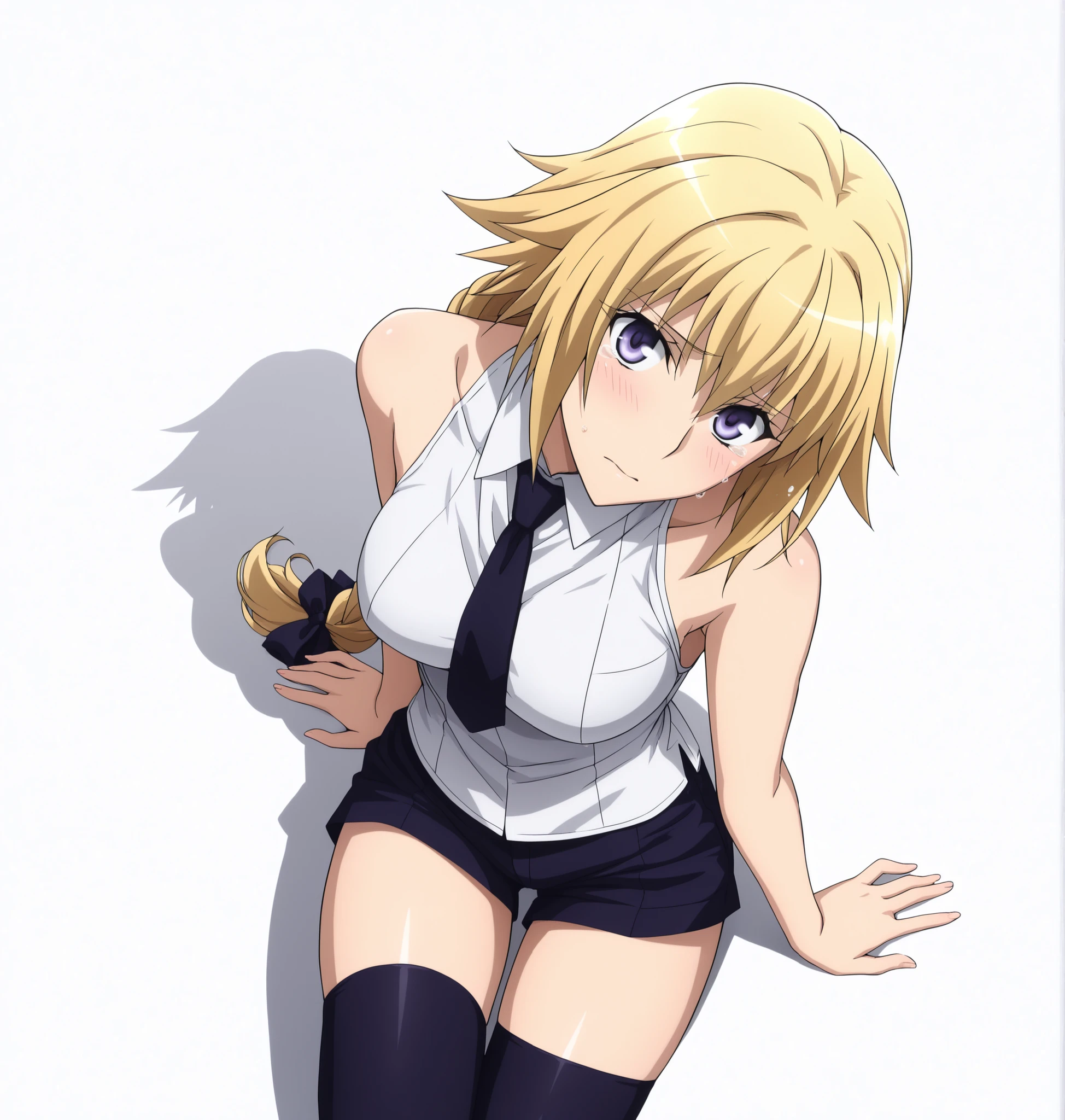 jeanne_d_arc_f-a, Fate/Apocrypha ,official art style ,1girl, blonde hair, solo, long hair, purple eyes, braid, looking at viewer, blue eyes, , single braid, <lora:JeanneDArc-FateApocrypha-ILXL:1>, (aged up:1.2), (masterpiece),(best quality),(ultra-detailed),(best illustration),(best shadow),(absurdres),(detailed background),(very aesthetic),((fear, cry,:1.2)),head tilt, ((bare shoulders, black necktie, black thighhighs, braid, long braid, necktie, shirt, single braid, sleeveless, sleeveless shirt, thighhighs, white shirt, shorts)), light embarrassed, looking at viewer, ,((white background, simple background)),medium breasts, ((yokozuwari)), from above, cowboy shot,