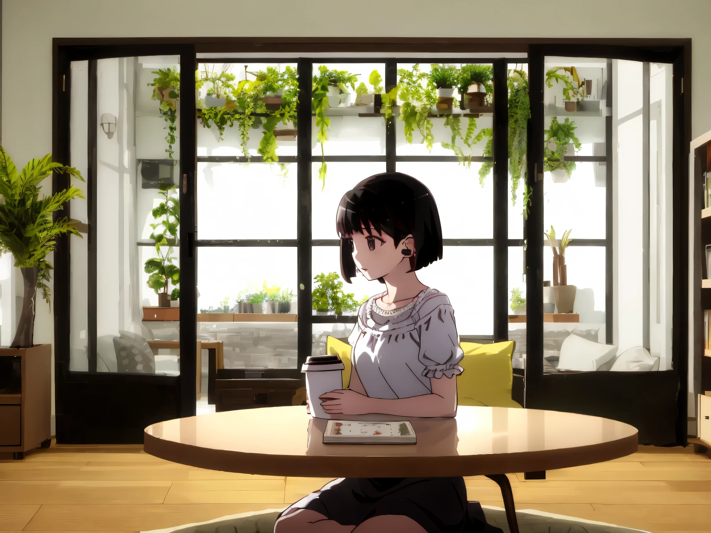In the living room where the soft light of the early morning shines in、
A woman with a cute atmosphere wears wireless earphones in one ear、
Quietly listening to audiobooks while drinking coffee。
loose fluffy bob hair、soft smile、calm atmosphere。
Wooden Table、Houseplants、Warm Natural Light。
the gentle air feeling that symbolizes Audible time blends into life。
Realistic、High Resolution、Minimalistic and tidy background、 cute atmosphere 。