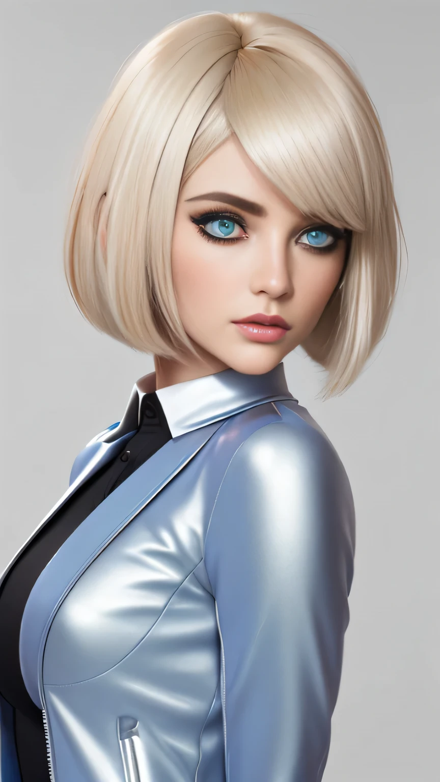 RAW digital art, ultra-realistic 3D render of a stunning woman resembling a futuristic cyberpunk protagonist, ((young woman)), ((highly detailed face:1.3)), ((perfectly proportioned oval face, delicate feminine yet androgynous features:1.3)), ((skinny, slim athletic build, narrow shoulders and waist:1.3)), ((seductive yet cold gaze)), (striking ice-blue eyes, long dark eyelashes, expressive eyes with subtle catchlights and reflections, pale porcelain skin with cool undertones, subtle beauty mark on left cheek)), ((medium perky breasts under tight clothing:1.3)), ((smooth yet detailed hair strands, very short platinum-blonde asymmetrical bob with side-swept bangs partially covering one eye, silky metallic sheen:1.35)), soft dramatic rim lighting with strong cool blue key light from front-left, glowing hair edges, cinematic cyberpunk color grading with dominant cool blues and high contrast, ((wearing a high-collared white futuristic jacket with subtle blue-gray panels and reflective fabric:1.45)), minimal clean background with soft blue gradient and subtle lens flare, close-up portrait from chest up, background softly blurred, (8K resolution, intricate textures, razor-sharp focus on eyes and face)