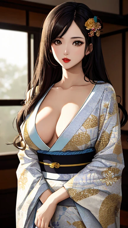 ((highest quality)), ((8k)), (detailed face), (highlight), Asian、woman、Big breasts、bangs、black hair、Colorful kimono with patterns、