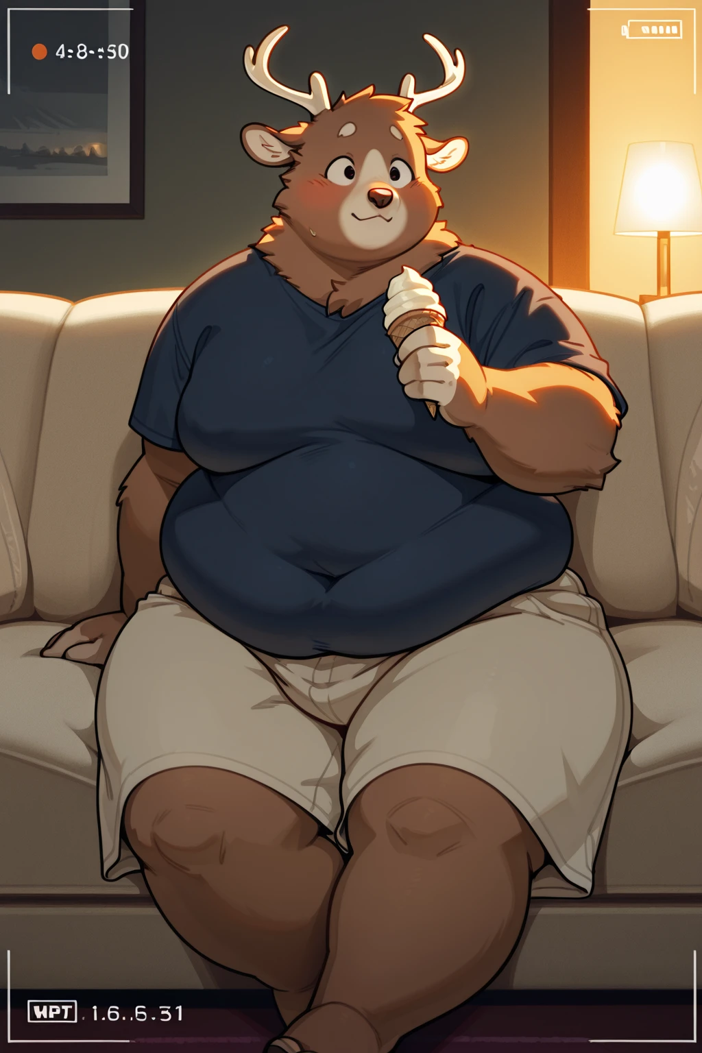 A male chubby anthropomorphic fox with a big belly and a beard , wearing a short sleaved  button up and tight jeans, sitting on a couch
