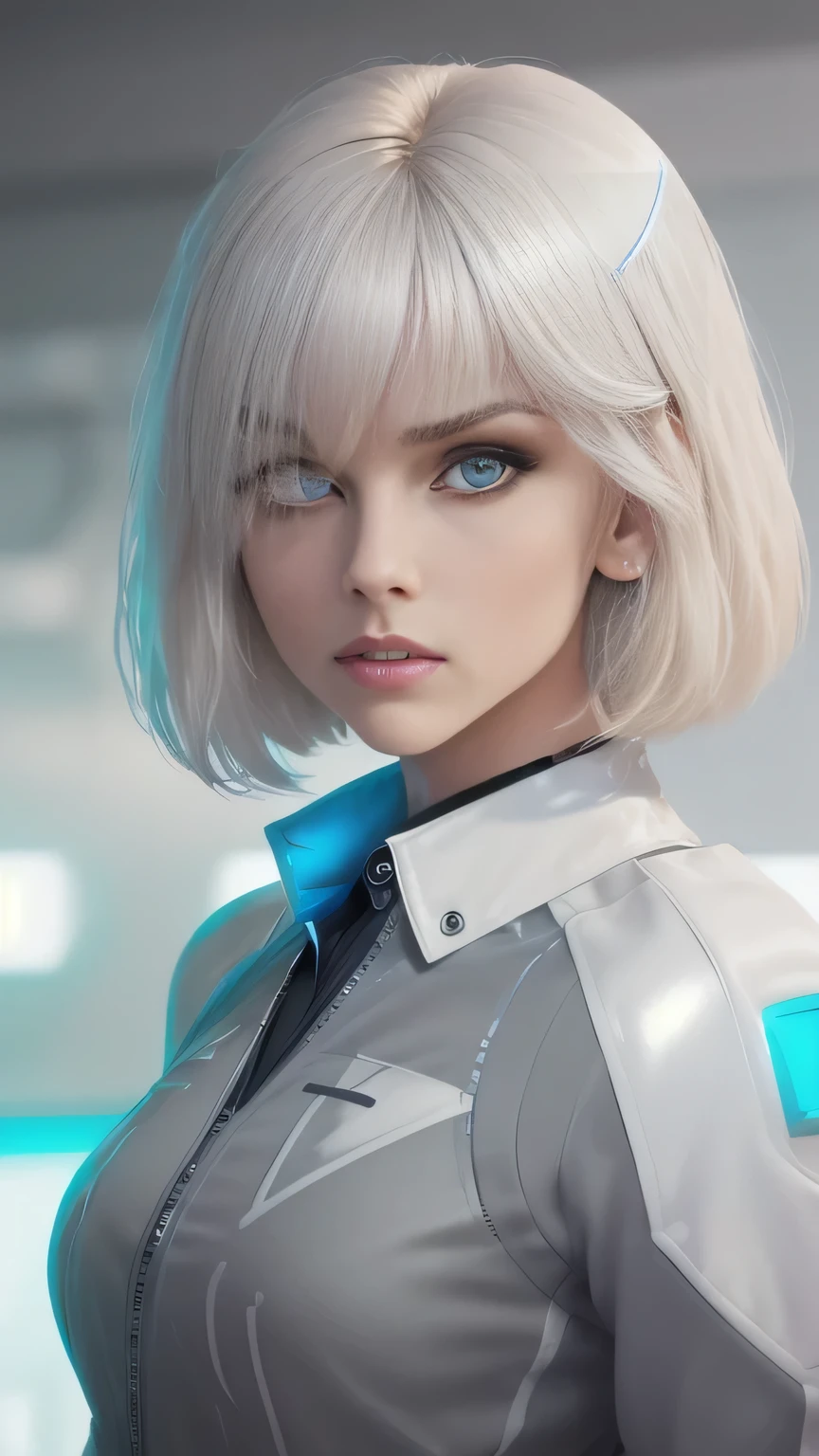 RAW digital art, ultra-realistic 3D render of a stunning woman resembling a futuristic cyberpunk protagonist, ((young woman)), ((highly detailed face:1.3)), ((perfectly proportioned oval face, delicate feminine yet androgynous features:1.3)), ((skinny, slim athletic build, narrow shoulders and waist:1.3)), ((seductive yet cold gaze)), (striking ice-blue eyes, long dark eyelashes, expressive eyes with subtle catchlights and reflections, pale porcelain skin with cool undertones, subtle beauty mark on left cheek)), ((medium perky breasts under tight clothing:1.3)), ((smooth yet detailed hair strands, very short platinum-blonde asymmetrical bob with side-swept bangs partially covering one eye, silky metallic sheen:1.35)), soft dramatic rim lighting with strong cool blue key light from front-left, glowing hair edges, cinematic cyberpunk color grading with dominant cool blues and high contrast, ((wearing a high-collared white futuristic jacket with subtle blue-gray panels and reflective fabric:1.45)), minimal clean background with soft blue gradient and subtle lens flare, close-up portrait from chest up, background softly blurred, (8K resolution, intricate textures, razor-sharp focus on eyes and face)