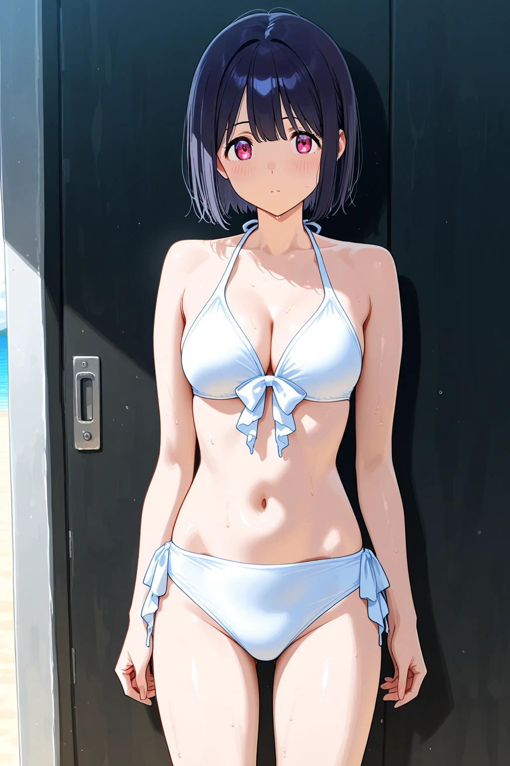 <lora:Hoshizaki_Ao_Blue_Reflection_Illus:1>1girl, solo, breasts, looking at viewer, short hair, bangs, brown hair, black hair, hair ornament, navel, cleavage, bare shoulders, brown eyes, medium breasts, closed mouth, standing, collarbone, swimsuit, flower, bikini, outdoors, day, simple black headband, black eyes, bare arms, feet out of frame, shadow, side-tie bikini bottom, floral print, bob cut, fence, arms at sides, pink bikini, bush, print bikini, Hoshizaki Ao, bikini outfit, sexy pose, sexy smile, slender girl, curve girl, tall girl, thin face, one hand on hips,