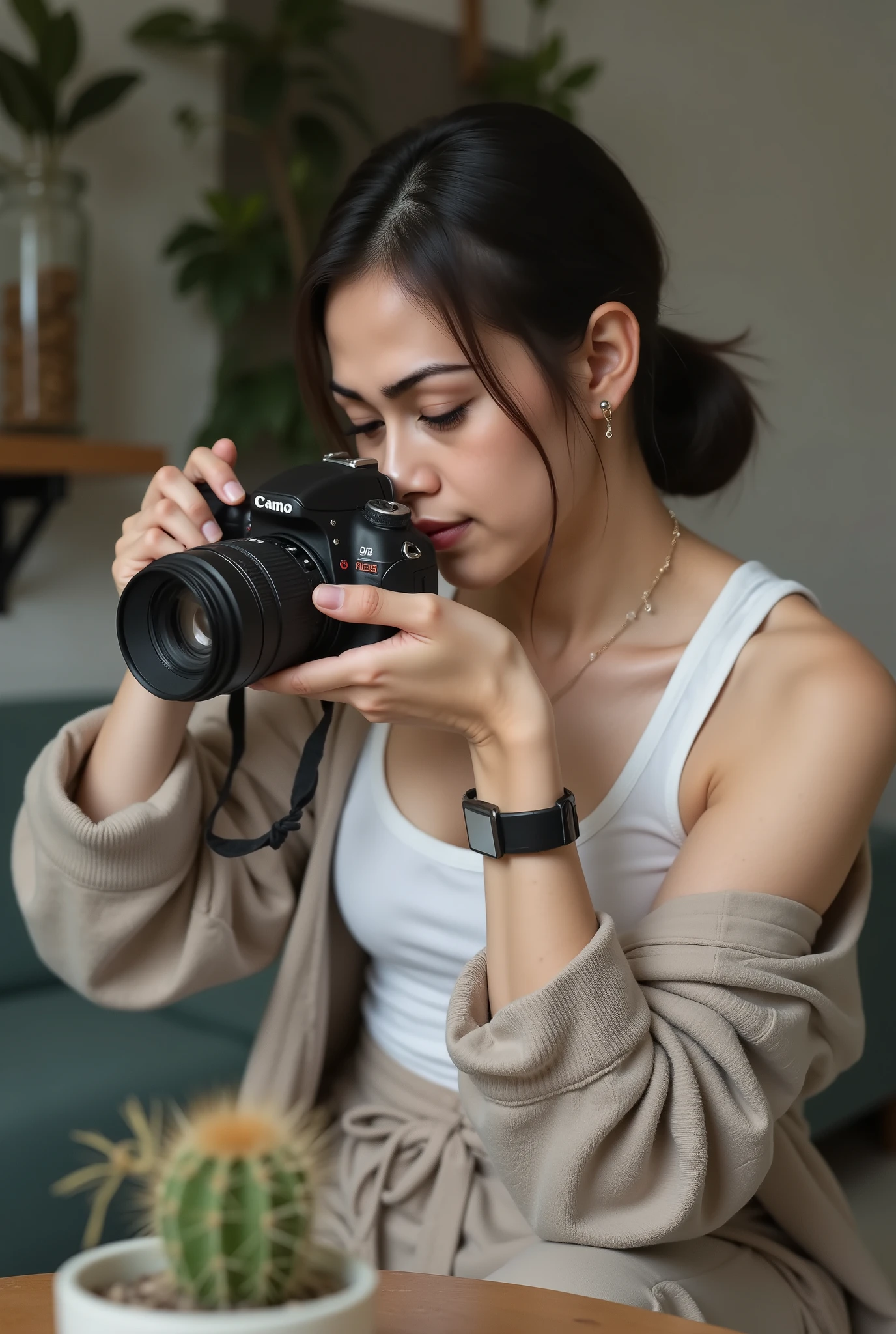 (Realistic),masterpiece,best quality,cinematic lighting,natural shadow,highest detail,professional photography,detailed background,depth of field,insane details,intricate,aesthetic,detailed face,subsurface scattering, a very beautiful Filipino young women. She wear white tank top and half covered by her loose hoodie jacket. She wear beige loose long pants. She is taking a photo of a smal cactus in the vase in thable using DSLR camera with her small brother in her home. Her height is medium. Close up. hair neatly tied. She wear black sport watch. Her right shoulder and upper arm is exposed.