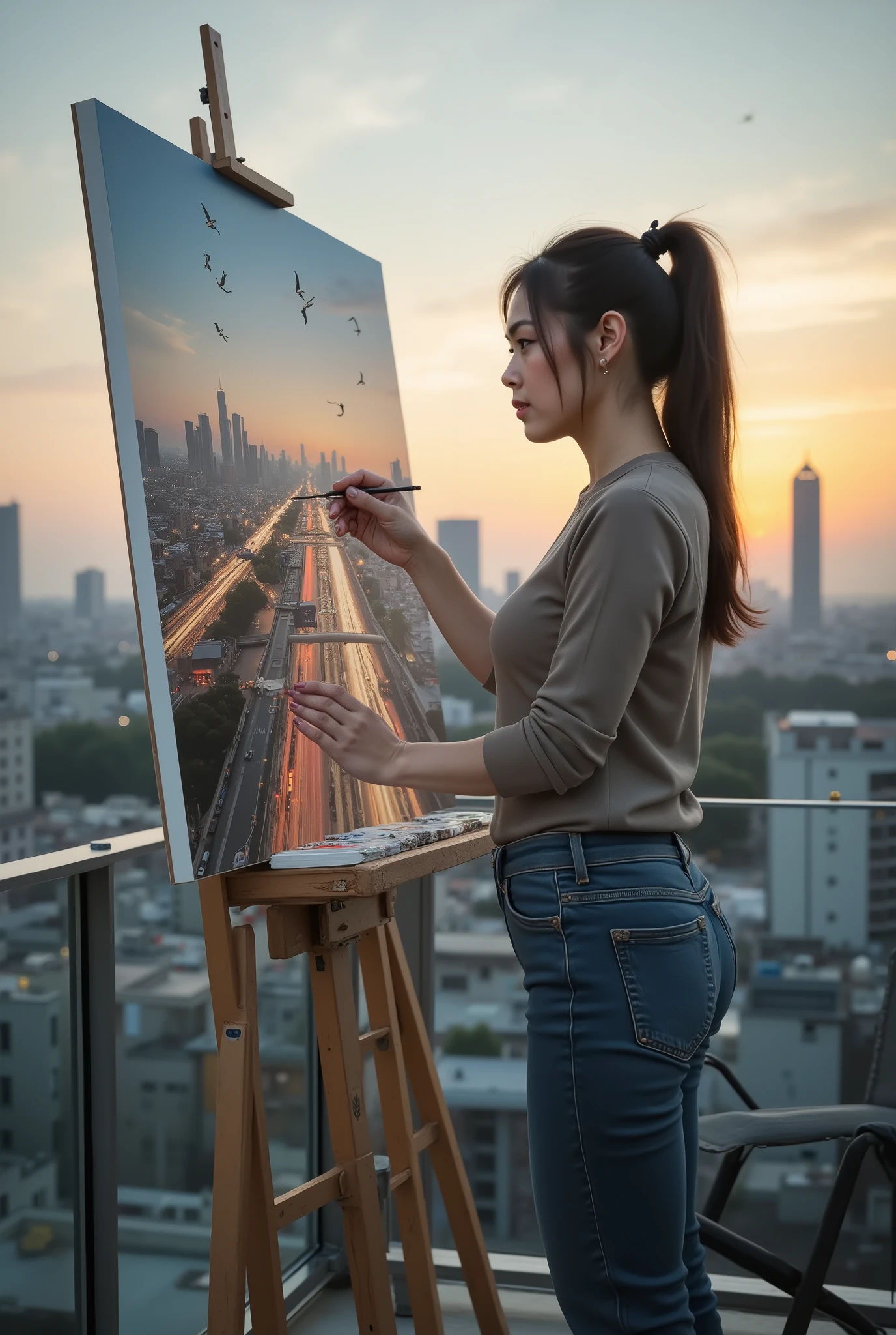 masterpiece, 8k, Highest Quality, detail, high resolution, Digital Photo, ultra detailed, hyperrealistic photograph of asian woman painting urban landscape that becomes real, female artist in casual clothes standing at easel on city rooftop, her canvas showing cityscape that's physically extending out of painting into actual reality, buildings seamlessly transitioning from painted to real 3D structures before fading back to normal city, captured from 3/4 angle showing both artist's concentrated expression and impossible dimensional transition, photographed with professional DSLR camera using 50mm lens at f/1.4 creating beautiful background bokeh from city lights while maintaining sharp focus on subject and dimensional anomaly, photojournalistic style capturing impossible moment where art transcends dimensional boundaries, background showing normal city elements contrasting with painted reality extension, subtle details revealing dimensional blend - birds flying from real sky into painted portion and changing style, shadows correctly falling across dimensional boundary, golden hour lighting creating dramatic atmosphere highlighting impossible physics with perfect exposure and color grading
