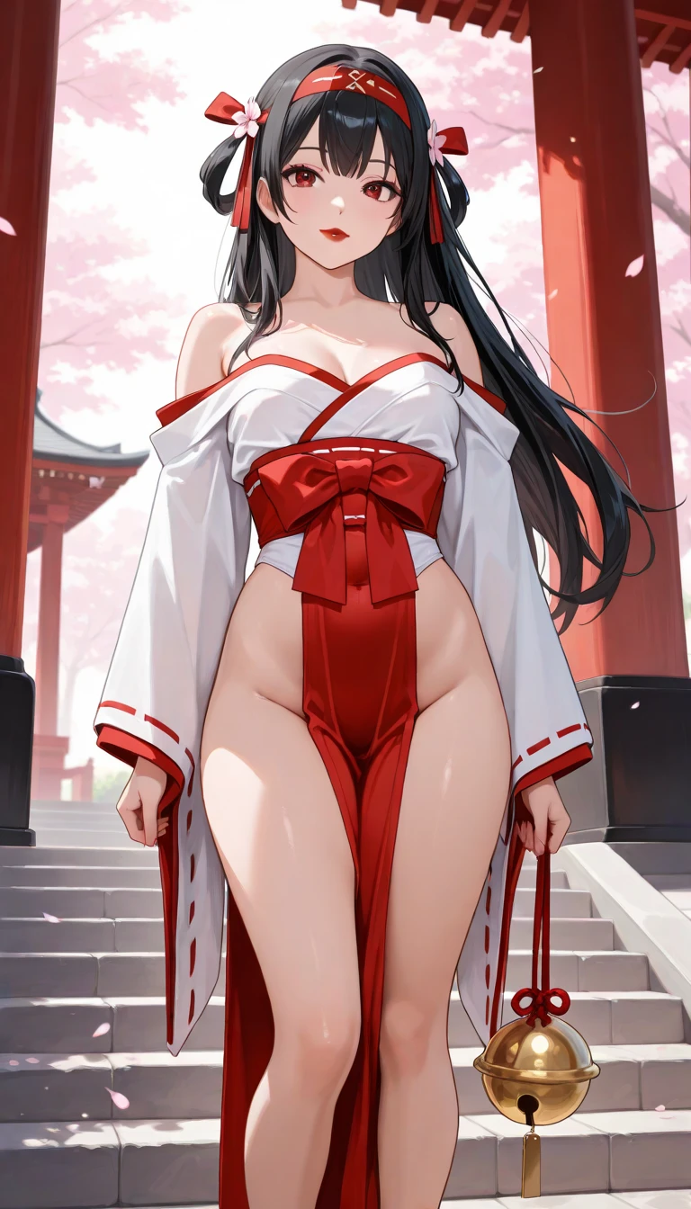 ((Yaemikodef)), closeup of a ????, beautiful, sagacious, sly fox lady with ((side ?????)) in an exquisite, elegant, and fashionable sleeveless shrine maiden dress, near picturesque and serene shrine surrounded by sakura blooming trees.