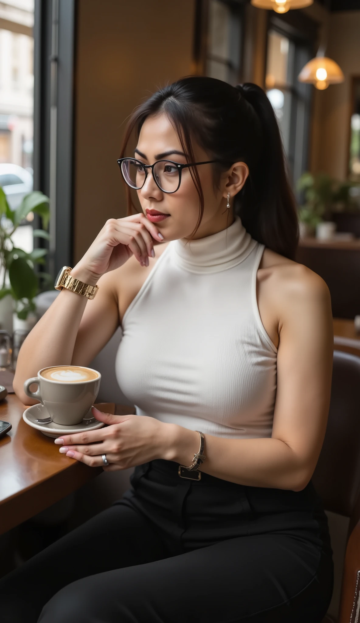 (Realistic),masterpiece,best quality,cinematic lighting,natural shadow,highest detail,professional photography,detailed background,depth of field,insane details,intricate,aesthetic, subsurface scattering, The beautiful filipino women. She wear a white turtleneck tank top. she wear black flowy formal pants. She wear watch. She wear glasses, Her hair tied ponytail. She glasses. She is sitting in the cafe having a capuccino. She use her phone to take a photo of the coffee. The cafe is in New York. Her body is medium curvy and not slim. Her height is medium. She is not tall. close up.