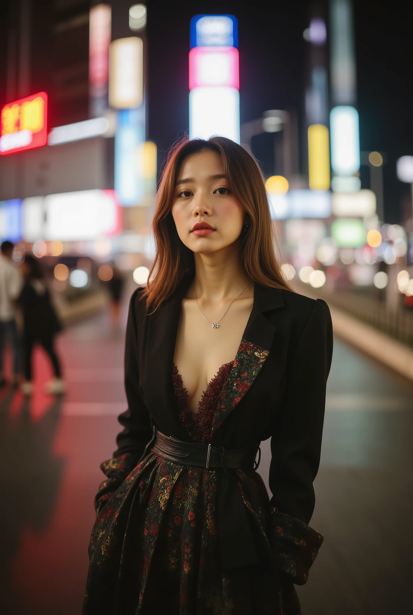 { "image_generation_parameters": { "resolution": "1200x1200px", "aspect_ratio": "1:1", "reference_usage": "Reference imageの顔立ちを厳密に維持（顔の輪郭・目・鼻・口・眉・肌色は同一人物のまま）", "camera": "85mm相当の中望遠レンズ、胸上〜腰上のポートレート、浅い被写界深度で背景ボケ" }, "visual_style": { "genre": "ハイファッション誌のエディトリアル、リアルポートレート", "technique": "自然光のみのポートレートフォト", "atmosphere": "夢っぽく柔らかいけど、どこか凛とした上品さのあるシネマティックな雰囲気", "lighting": "左前方から差し込む太陽光で、髪と頬、鼻先にハイライトが乗り、背景はやや暗めでコントラストをつける" }, "subject_breakdown": { "appearance": { "hair": "ロングのダークブラウンヘア 👤、腰までの長さ、毛先はゆるい韓国風ウェーブ、数本の細い毛束が自然に顔にかかる", "expression": "夢見るようで自信もある、少しだけ cheerful な表情 📸📀、柔らかい目元とわずかな微笑み 🙅🏻‍♀️💁🏻‍♀️🧏🏻‍♀️", "makeup": "ナチュラルメイク 💄💋、うっすら血色感のあるロージーチーク、細いアイラインとマスカラ、まつ毛は自然に強調、ピンクオレンジ系グロスリップ" }, "pose": "右腕を軽く持ち上げて髪や耳のあたりに触れる自然な仕草、左腕で黒いBalenciaga City風バッグをゆるく持つ / 横向きに座って顎を手に乗せる / スマホで電話しながら自然に話しているようなポーズ", "outfit": "黒のスポーツブラ風クロップドトップ 👚👗👙🩲（シンプルでミニマル）、ワイドシルエットのブラックジーンズでハイウエスト、ウエスト部分から白いCalvin Kleinのゴムウエストが少しだけ見えるコーデ" }, "lighting_and_effects": { "lighting": "正面〜左サイドからの自然光 🌌 が頬・鼻先・髪のラインをきれいに拾い、反対側は柔らかい影で立体感を出す", "effects": "シネマティックライティング 🎞️🎞️、ハイファッション感のあるカラーグレーディング、超高精細 👑✨、肌・髪・デニム・レザーの質感がわかるハイパーリアル描写、背景は軽いボケで主役がくっきり際立つ", "negative_prompt": "顔立ち・雰囲気を別人にしない、体型崩れや手指の本数の異常なし、過度な盛りメイクや厚塗りNG、アニメ調・イラスト調NG、低解像度NG、フラットでのっぺりした光NG、ゴチャついた背景NG、プラスチックのような過度な美肌補正NG" } }