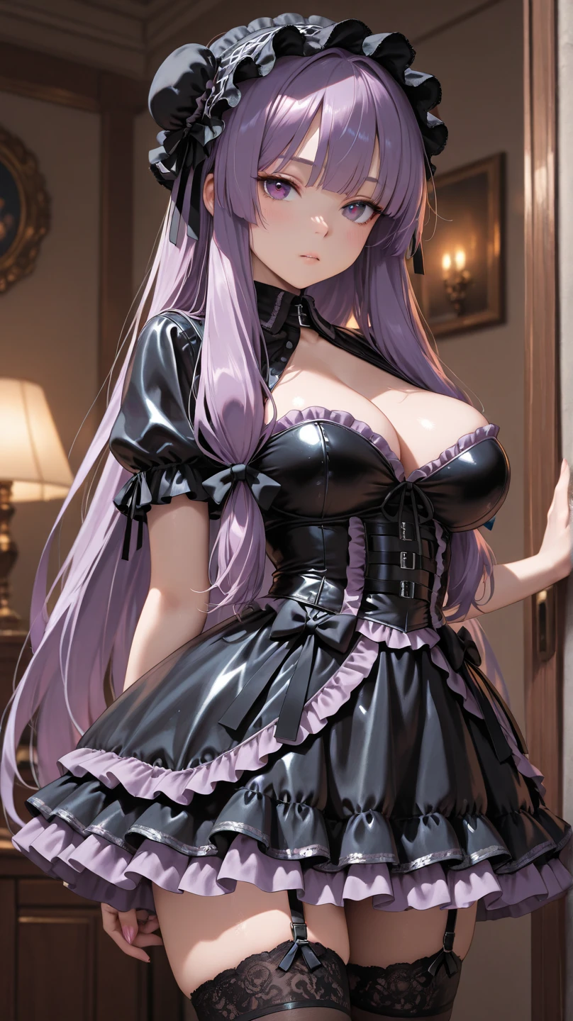 A sexy、A slight smil、garterbelts、knee high socks、panthyhose、Beautifying the world、Unhappy、Lament my night's fantasy、Transcendent beauty、Beautiful shape、wretched、ghosts、wraiths、Evil Spirit、Beautiful、boredom、Unusual beauty、Bewitching、、Hard Dark Gothic Makeup、Maniacal、Deep night sky、horor、twin-tail hair、Black Dark Eyeshadow、slaves、crying how bright、mourn、Sad songs、Good skin luster、Lace pink、Long hair straight hair、Dark Gothic Makeup、Dark smile、Restless Palace、Expressions of  arousal、Fragrant beauty、18year old、carriage、Lying、seductiv、 Strong  pleasure  expressions、A look of shame、open the legs widely、Dark Gothic、Gothic lolita、Dark purple hair、、bell sleeves、Wizard Sleeve、 look、Stained glass background、masutepiece、Best Quality、Ultra-detailed、Refers to 5 books、Sweat glitters on my chest、Glitter of sweat on your face、Massive sweat glitter on the thighs、Expression of  pleasure in anguish、Sweating profusely、Quite an inebriated face、maid clothes、Gothic Long Dress、Black ruffled skirt、Apply blush on cheeks、Pink atmosphere、Pink hair、bewitching poses、