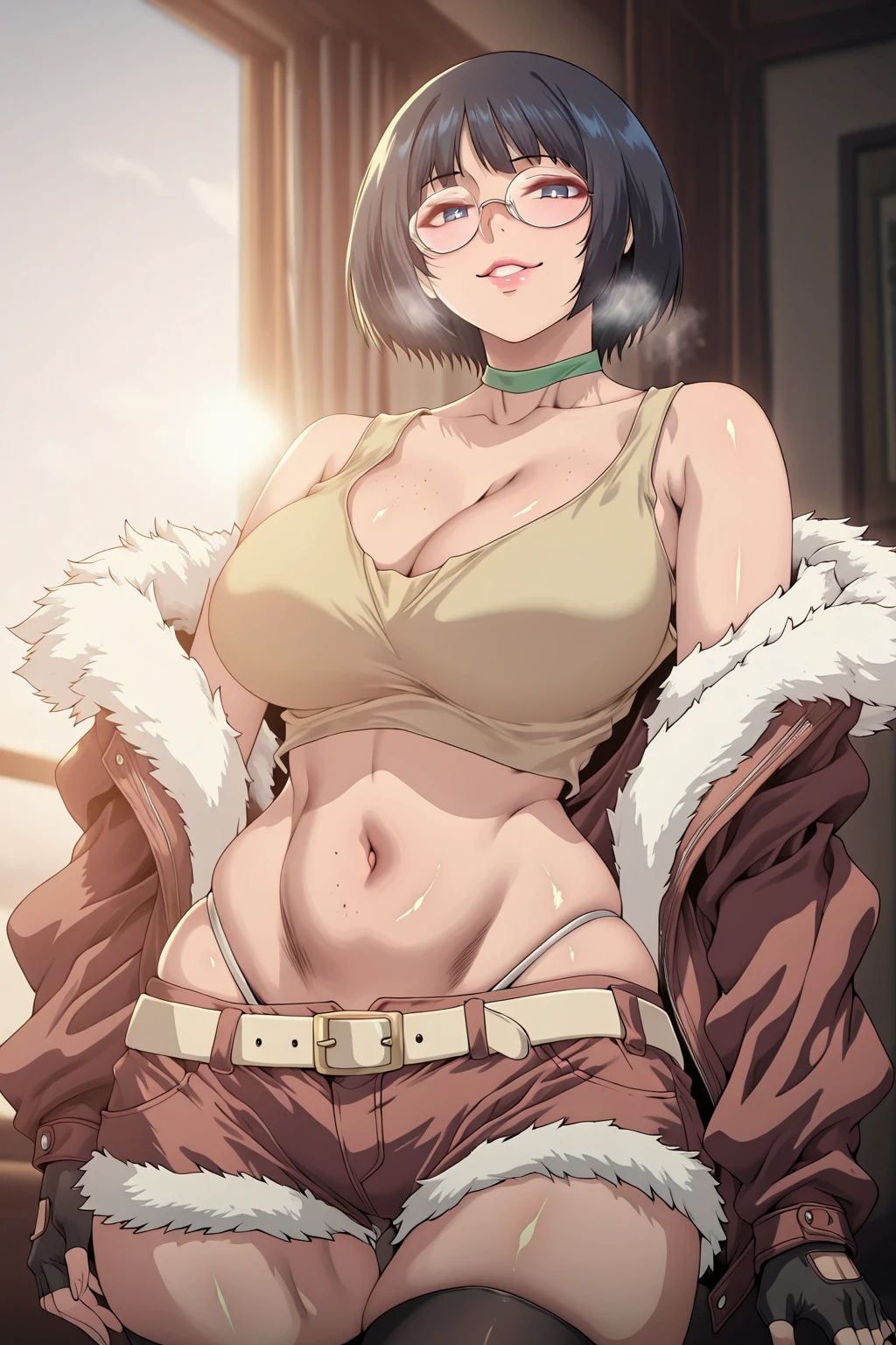 Meteor, Manhwa, L_Cation2, babu-style, Hgk, (hisasi-style:1.5), (jeneral-style:1.2), (haikawa_hemlen-style:1.4), (saintshiro-style:1.3), (jjune-style:1.2), ((anime coloring, anime screencap)), shiny skin, Hand drawn, cinematic, Sharp focus, humorous illustration, big depth of field,(cellulite:1.2) Masterpiece, ((cinematic, backlighting)), concept art, trending on artstation, Vivid colors, Simplified style, trending on ArtStation, trending on CGSociety, Intricate, Vibrant colors, Soft Shading, Simplistic Features, Sharp Angles, Playful, (voluptuous body:1.4), (mature female:1.4), ((anatomical correct)), perfect body, perfect eyes, perfect fingers, gasping, heavy breathing, gasping profusely, ((skindentation)), ((curvy, thigh gap)), yuuki karin, short hair, black hair, bob cut, wispy bangs, blue eyes, ((rounded eyewear)), bright pupils, plump, 1girl, breasts, shorts, thighhighs, solo, navel, fur_trim, cleavage, crop_top, freckles, choker, jacket, gloves, belt, midriff, black_thighhighs, looking_at_viewer, short_shorts, fingerless_gloves, brown_shorts, smug, makeup, fur-trimmed_jacket, parted_lips, explosive, thighs, cowboy_shot, off_shoulder, green_choker, lips, fur-trimmed_shorts, ((flabby stomach))